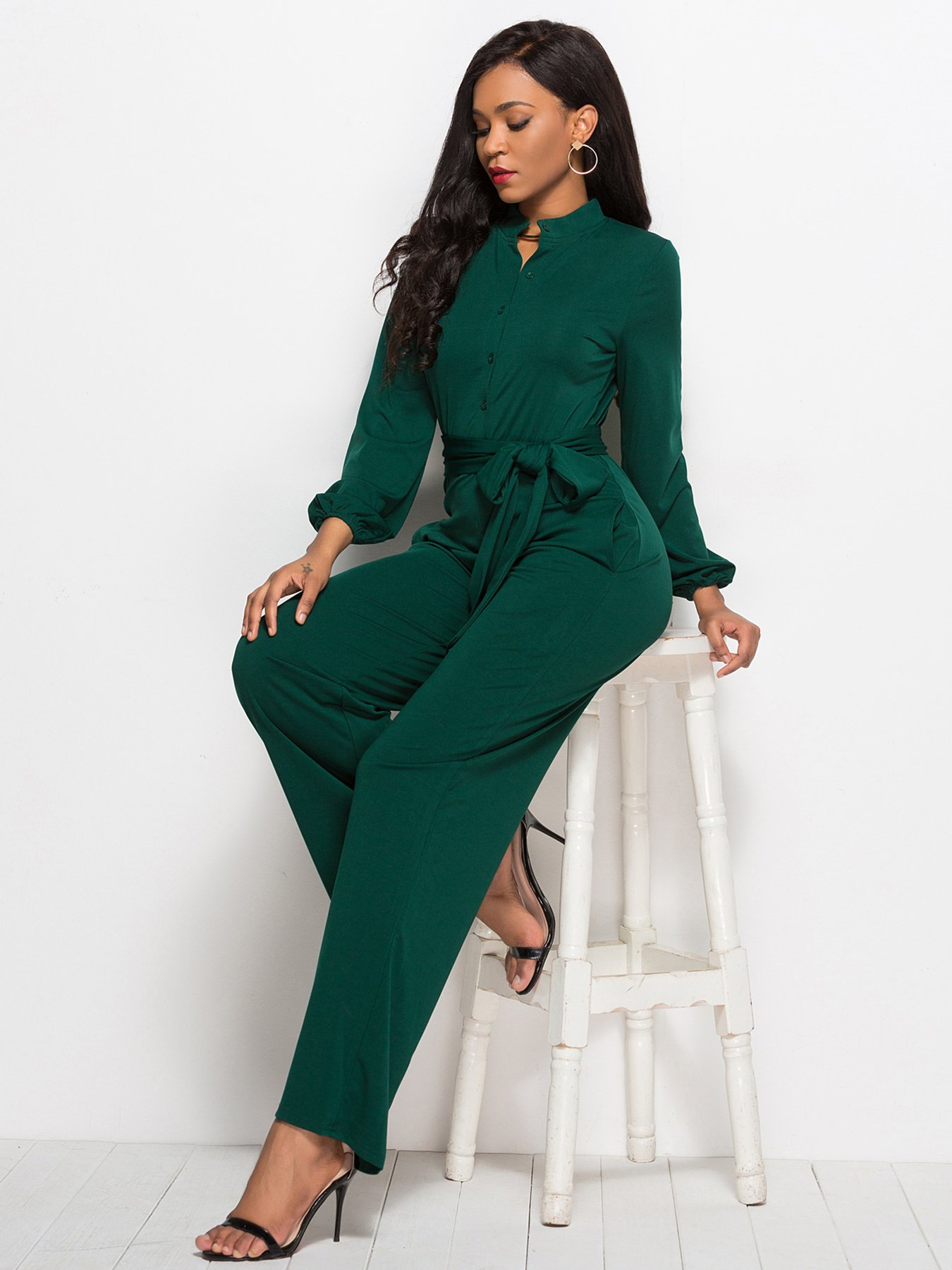 Dark Green Plain Jumpsuit with Belt