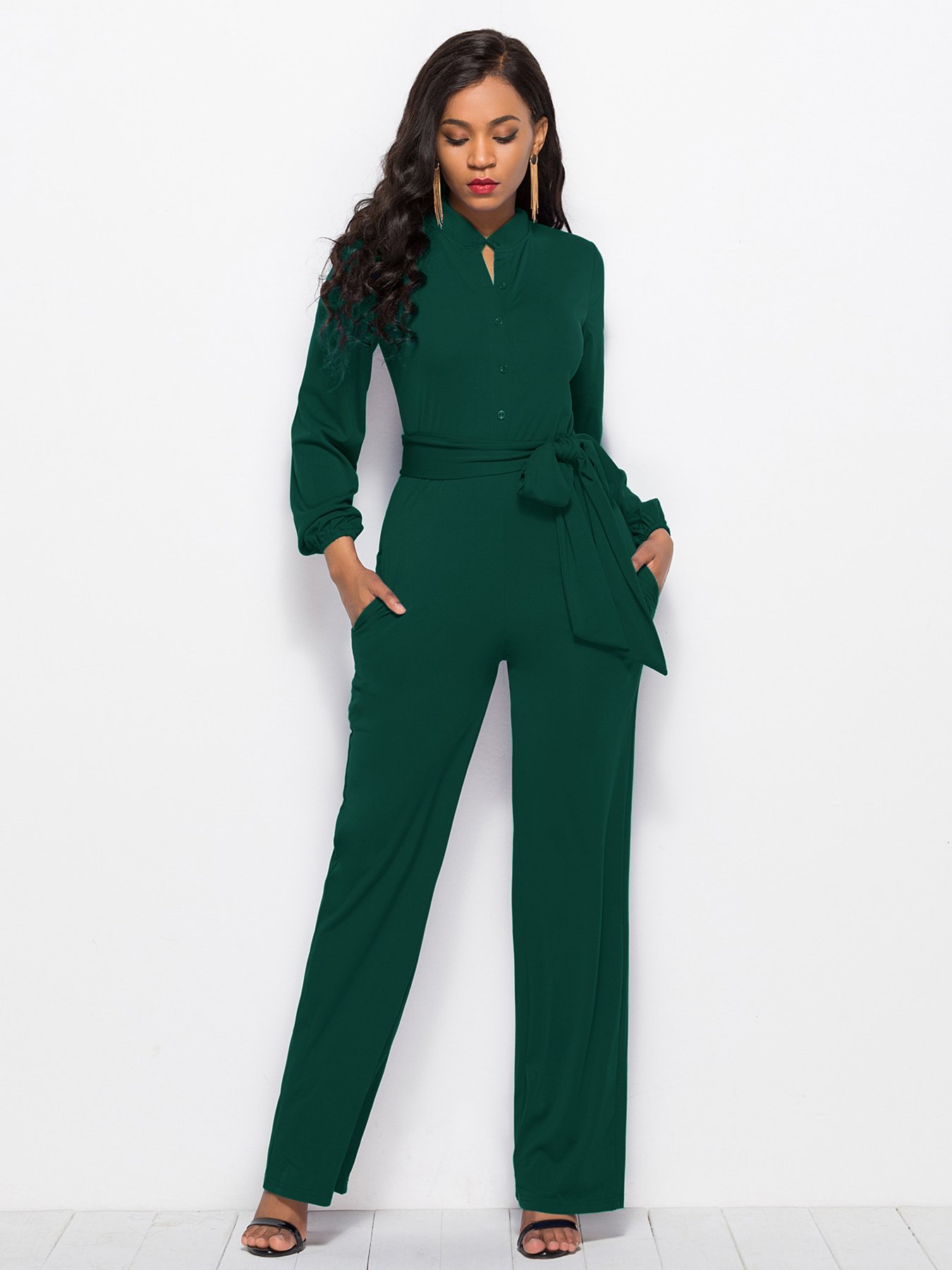 Dark Green Plain Jumpsuit with Belt