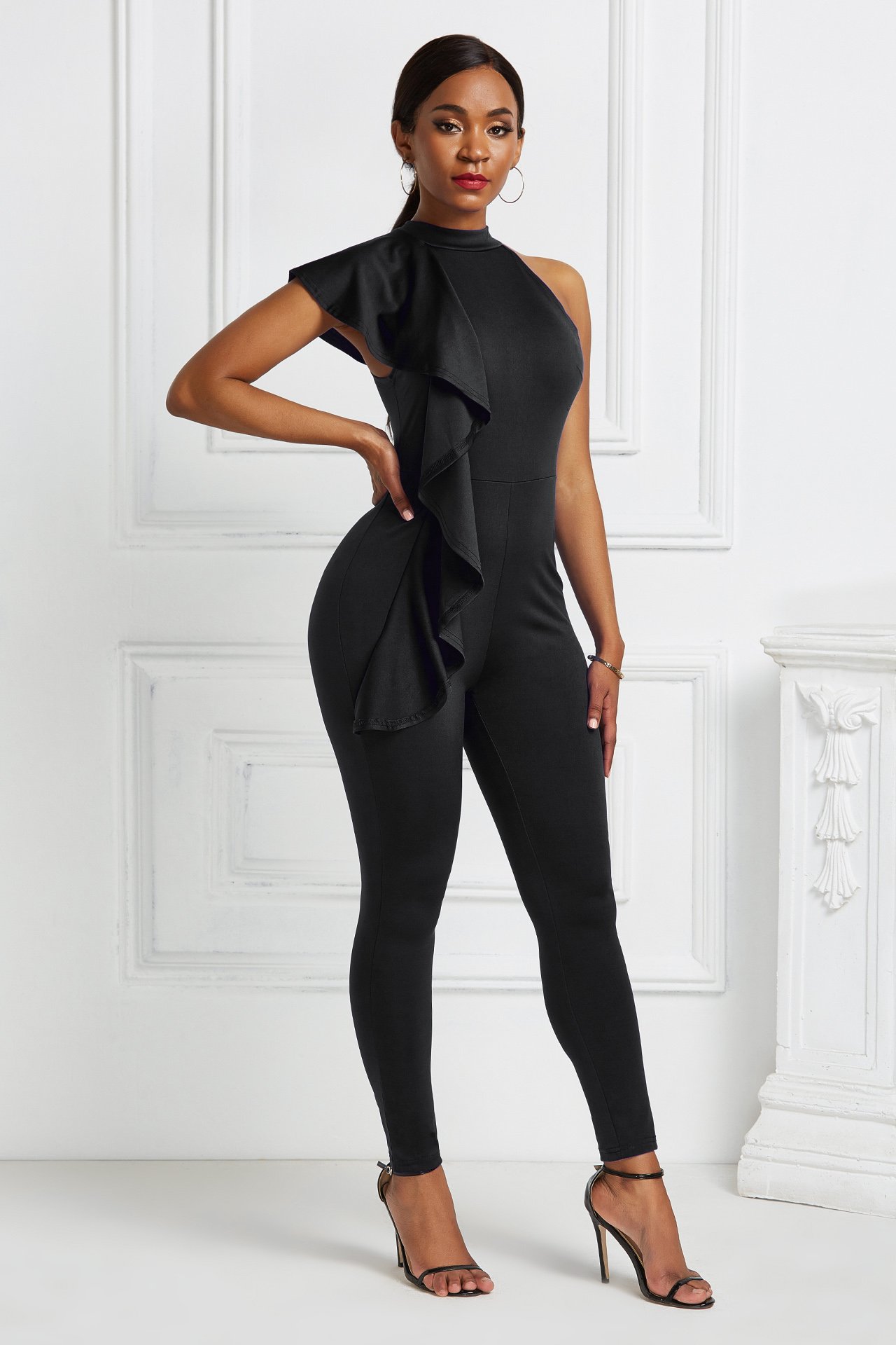 Black Abstract Ruffle Jumpsuit