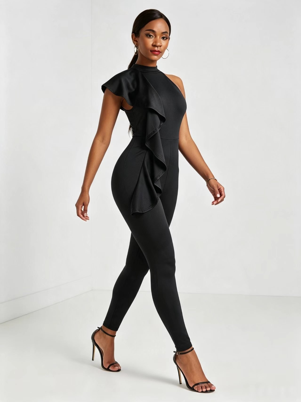 Black Abstract Ruffle Jumpsuit