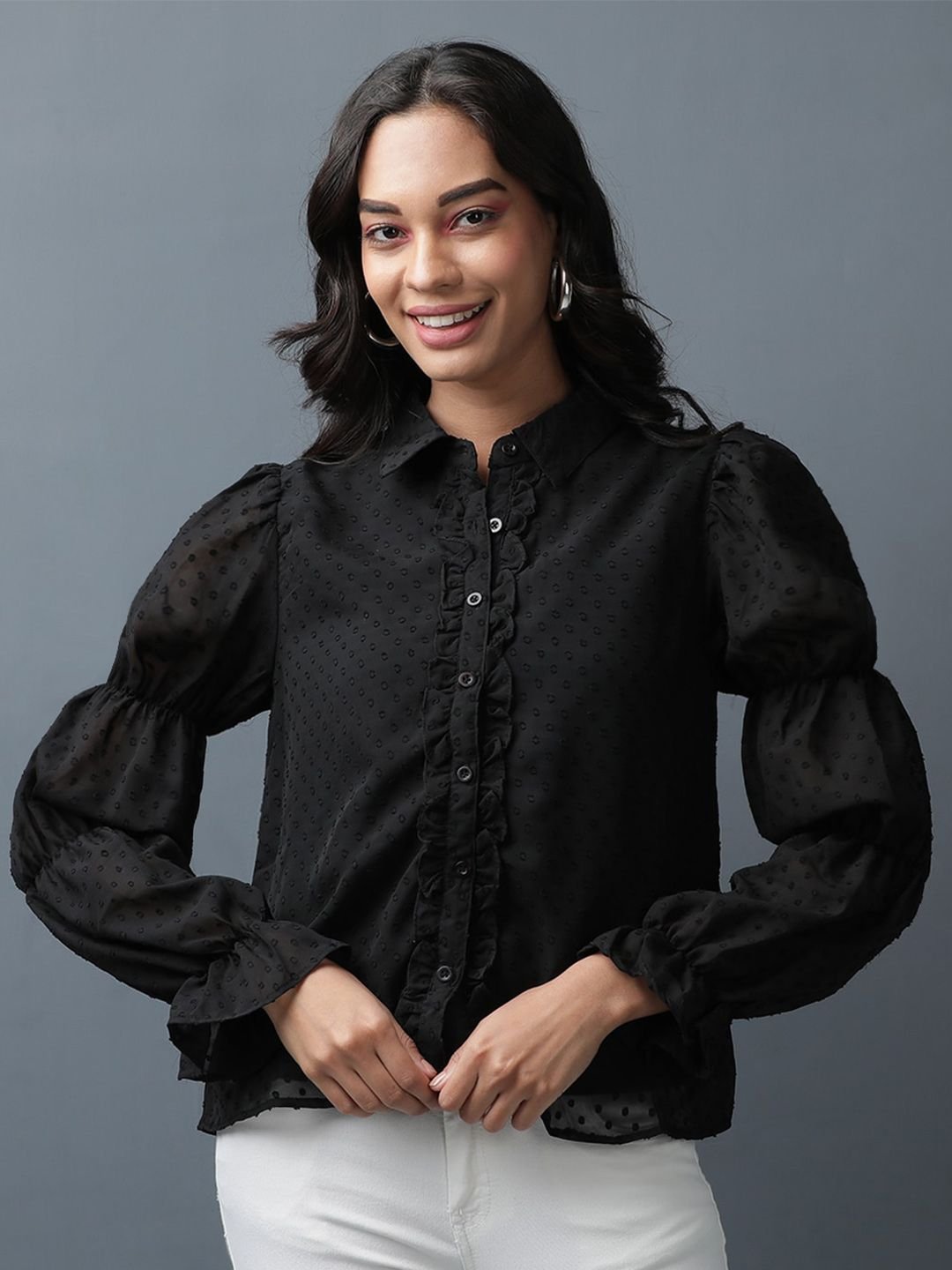 Black Solid Long Sleeves Fitted Shirt