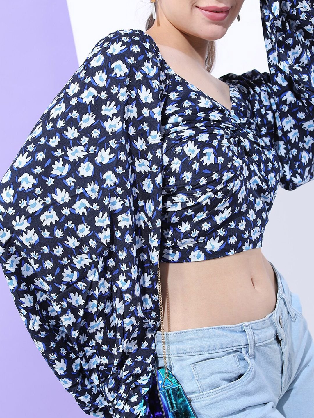 Navy Blue Solid V Neck Top