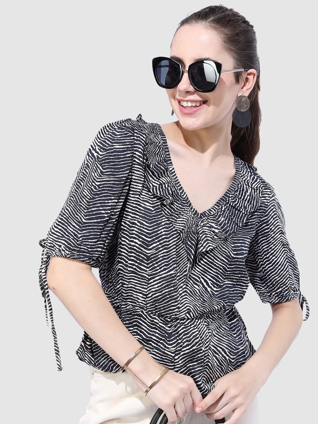 Monochrome Printed V Neck Top