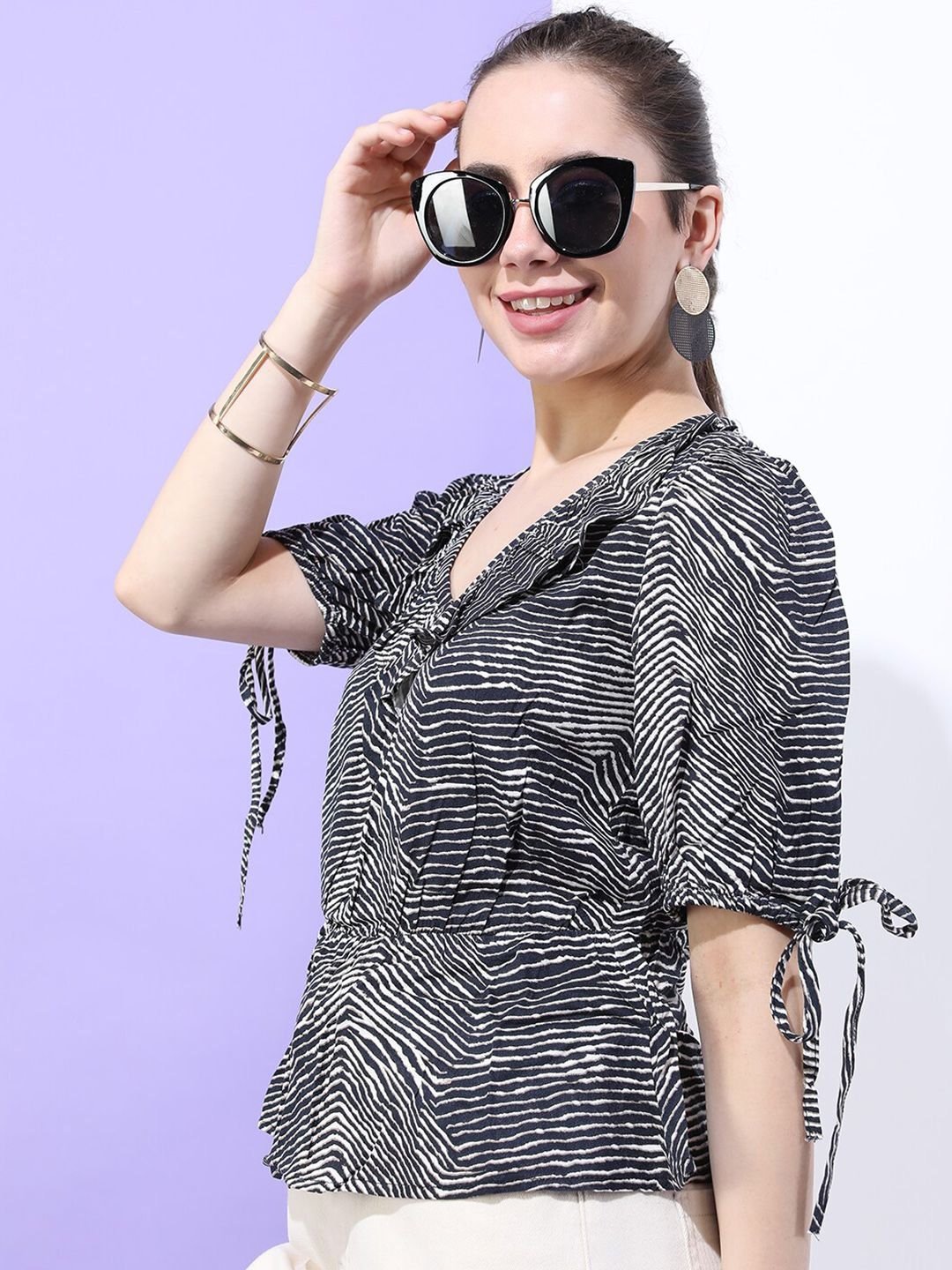 Monochrome Printed V Neck Top