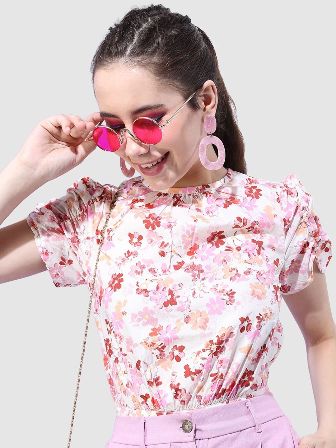 White Floral Round Neck Top