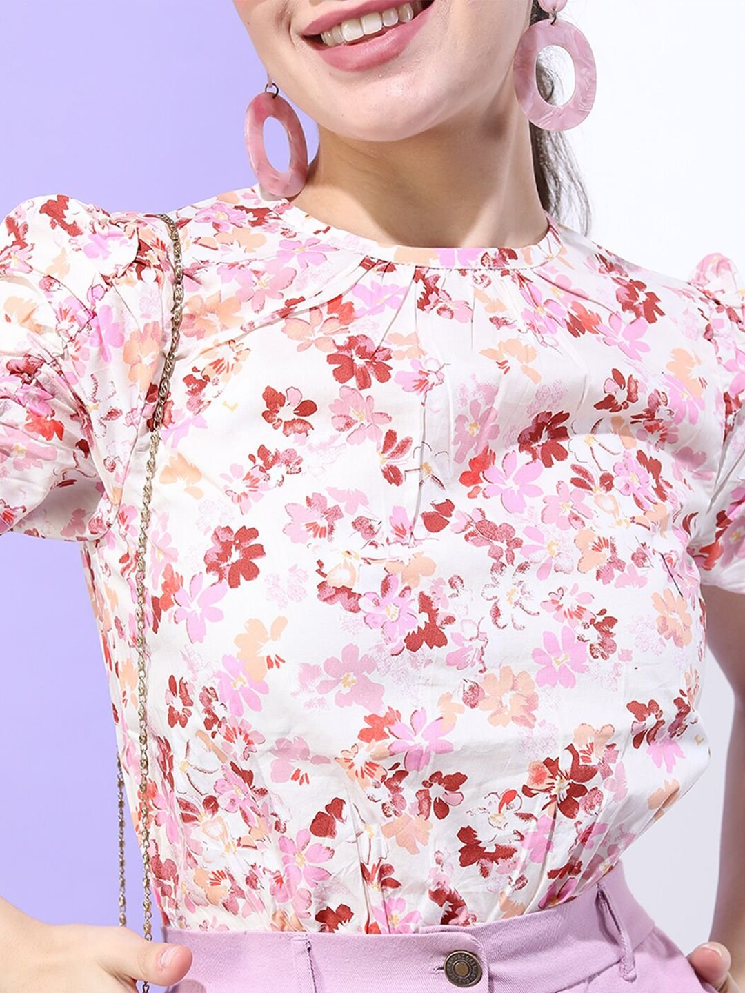 White Floral Round Neck Top