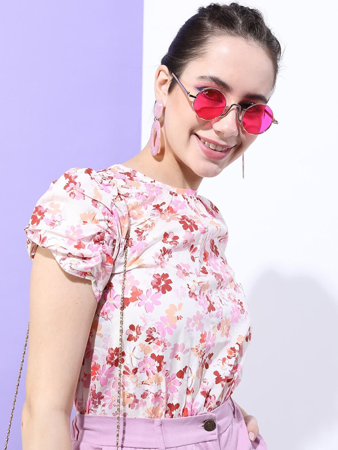 White Floral Round Neck Top