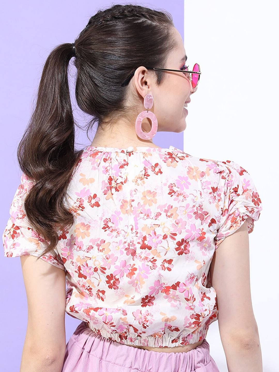 White Floral Round Neck Top