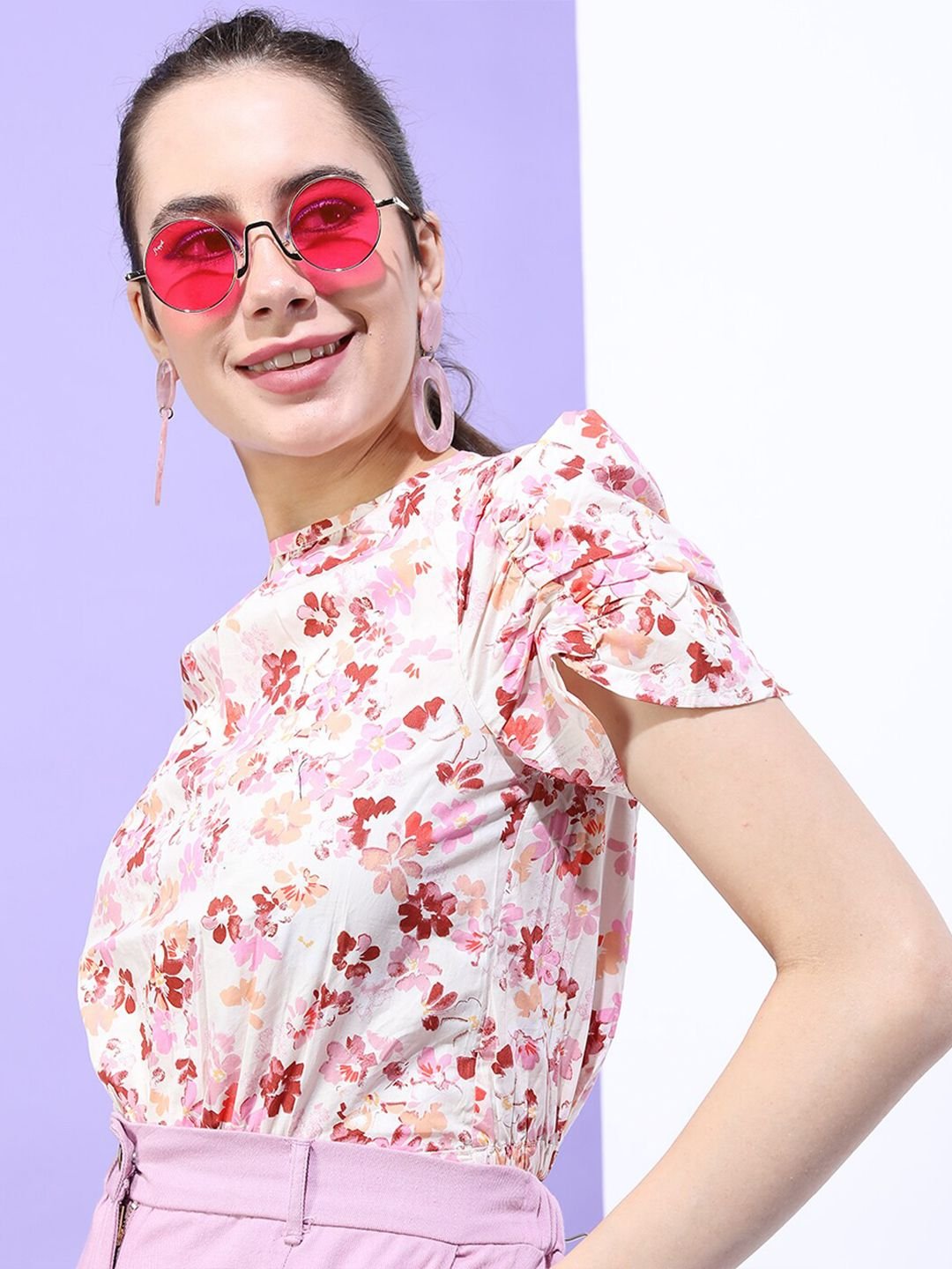 White Floral Round Neck Top