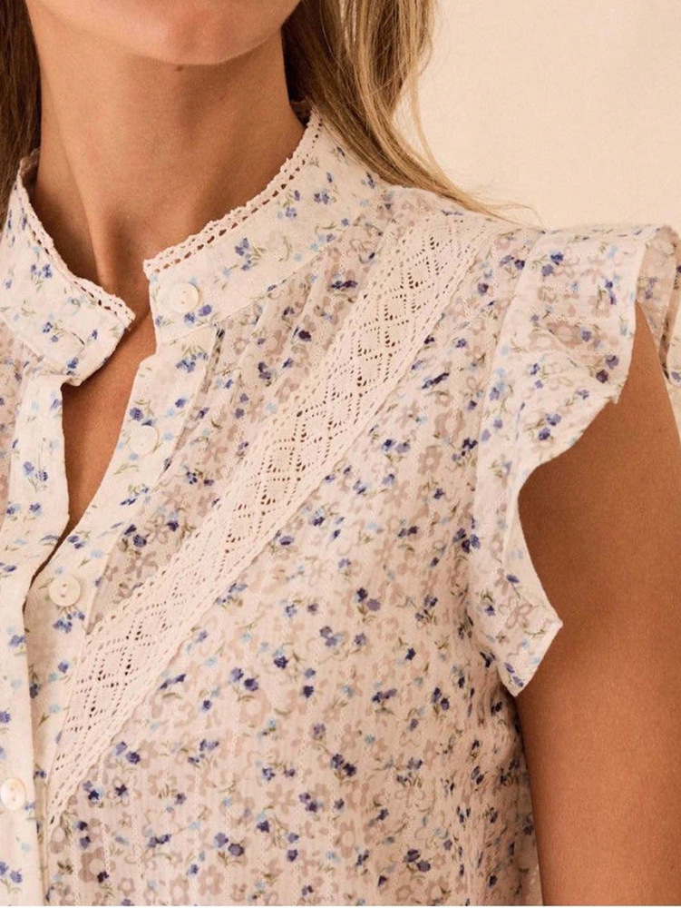 Lace-Trimmed Flutter-Sleeve Top