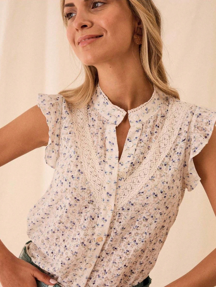Lace-Trimmed Flutter-Sleeve Top