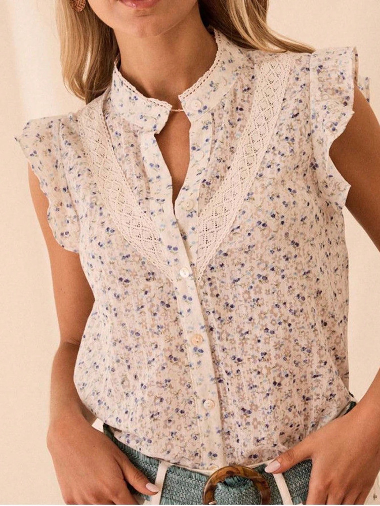 Lace-Trimmed Flutter-Sleeve Top