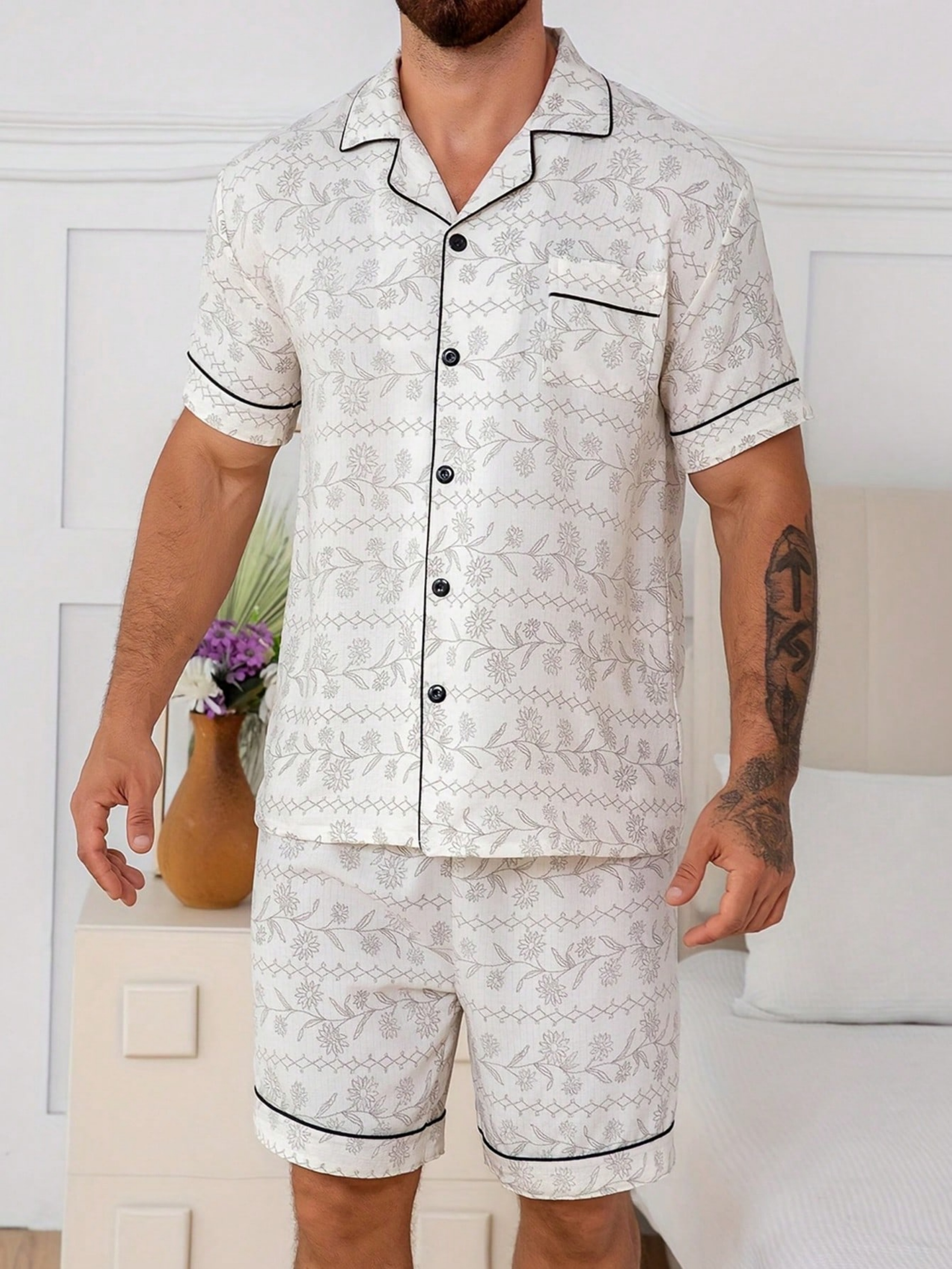 Men White Floral Print Short Pyjama Set