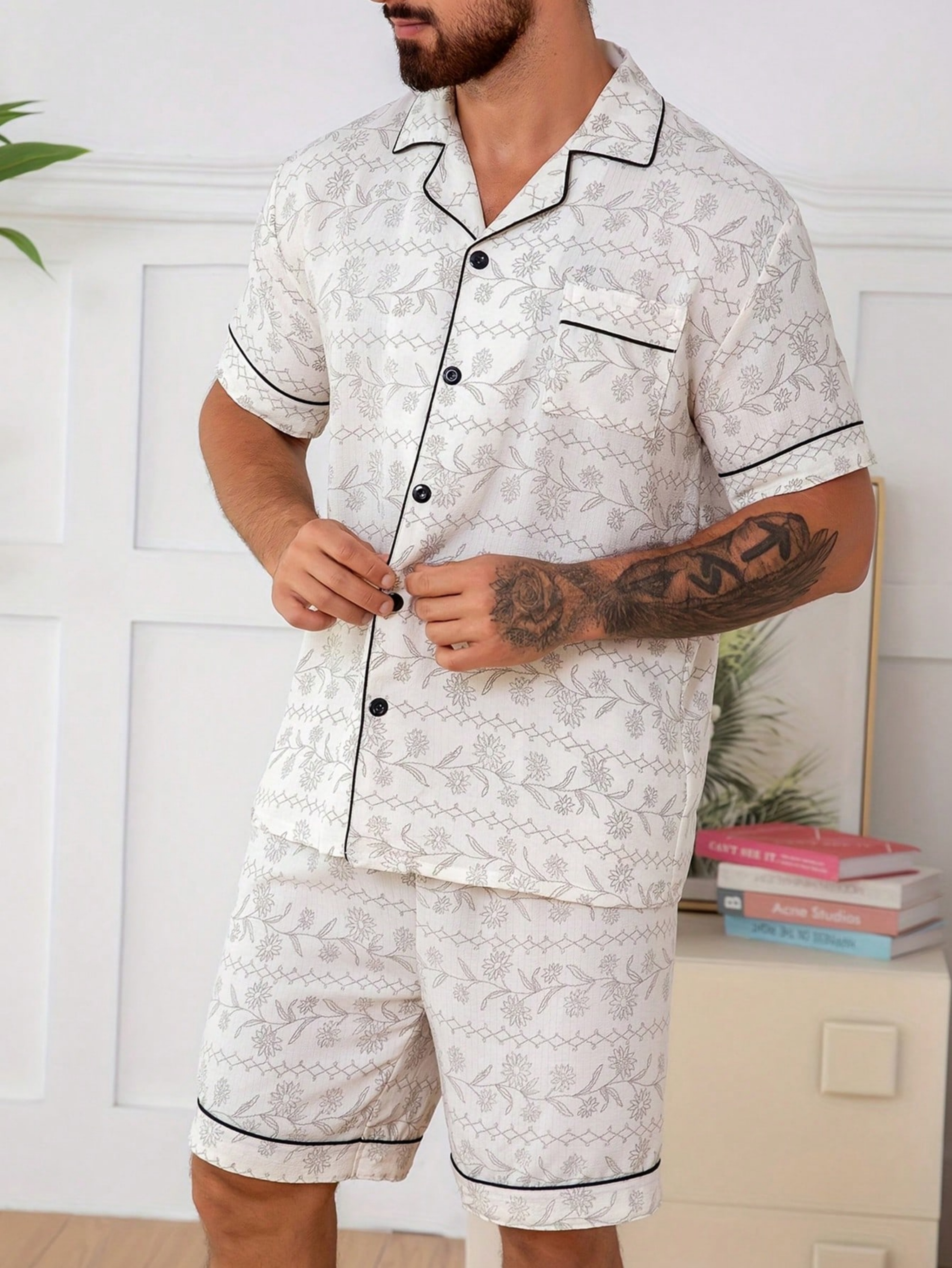 Men White Floral Print Short Pyjama Set