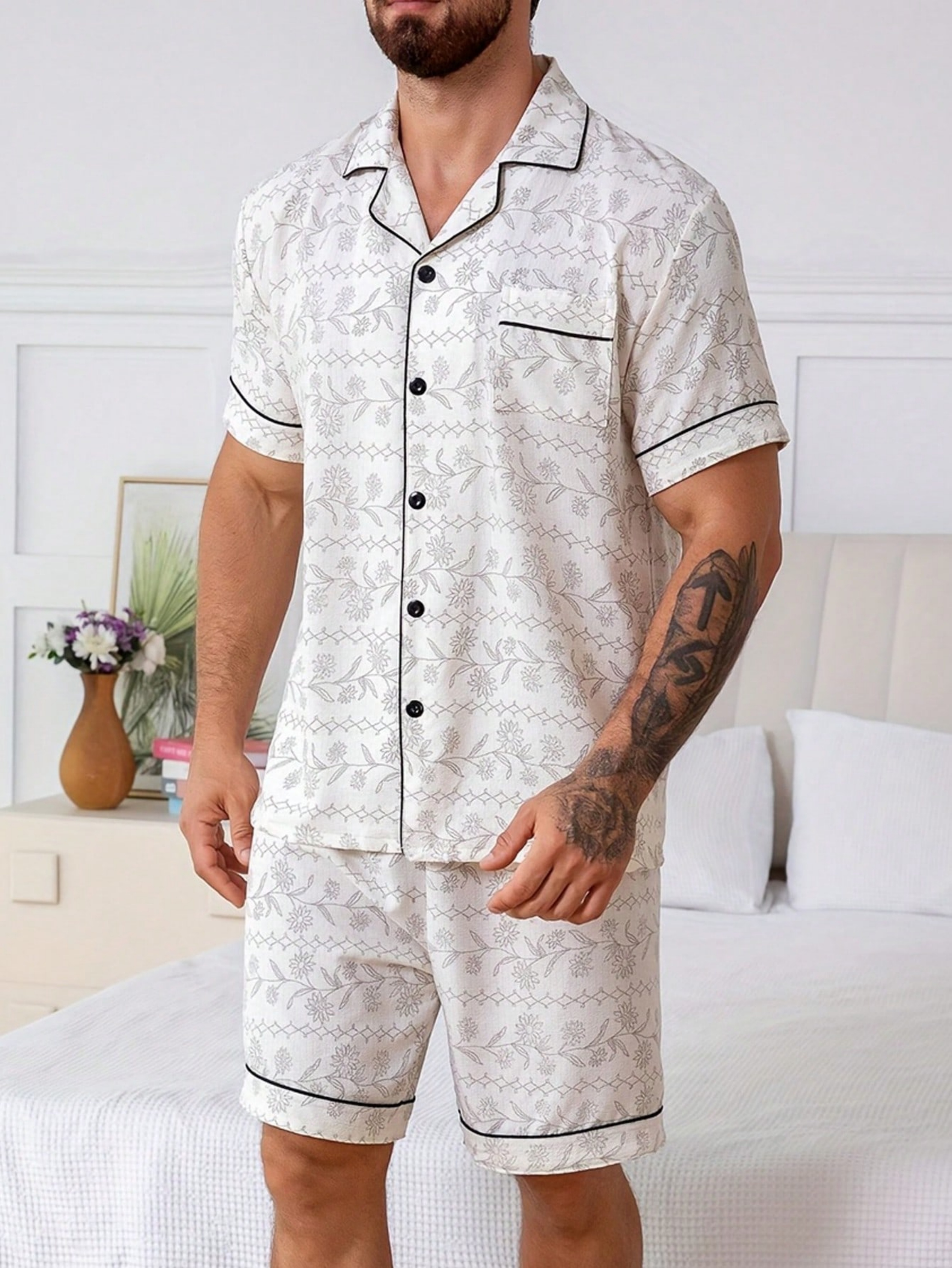 Men White Floral Print Short Pyjama Set