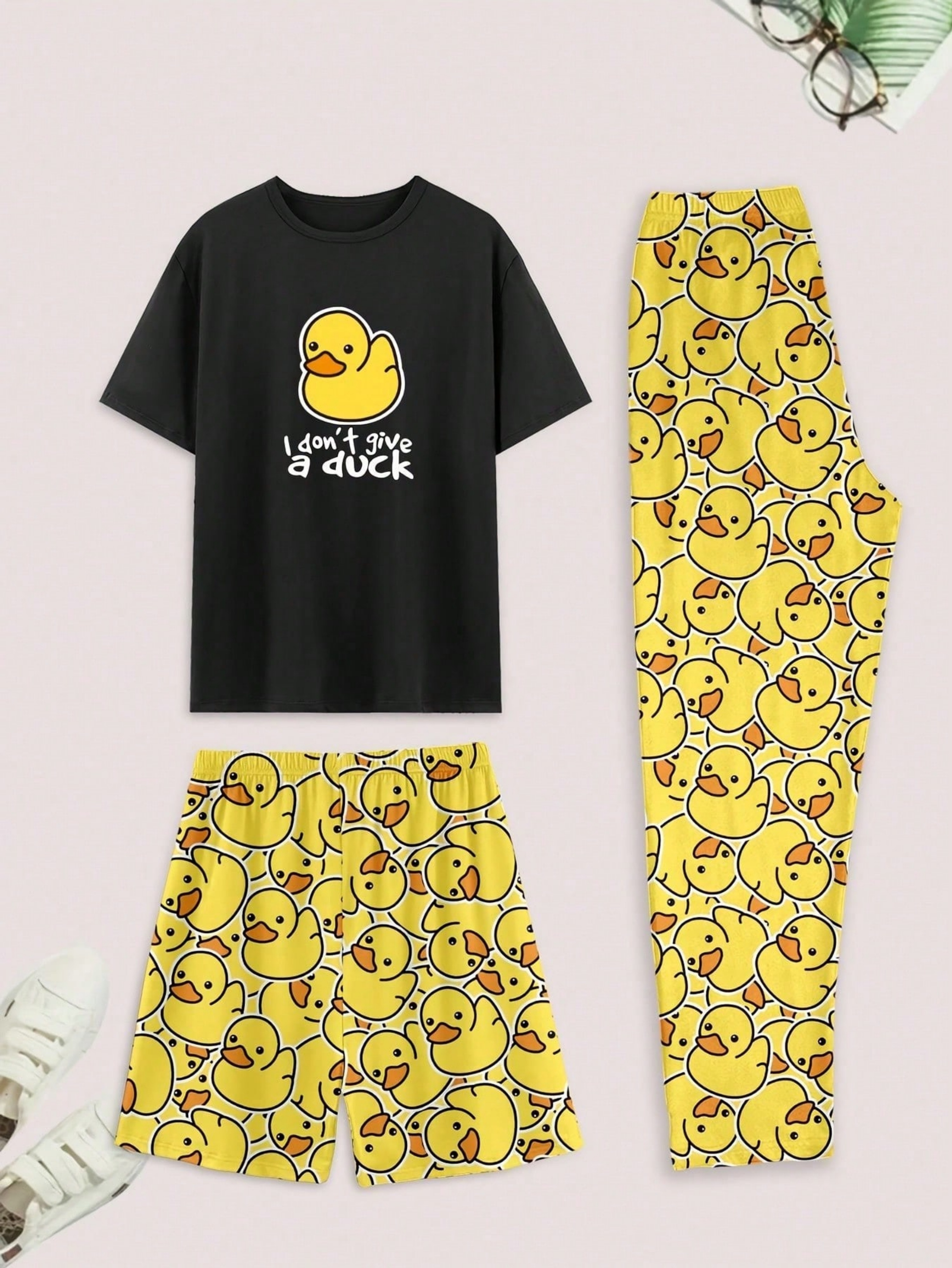 Men Duck Print Black T-Shirt and Pyjama Set