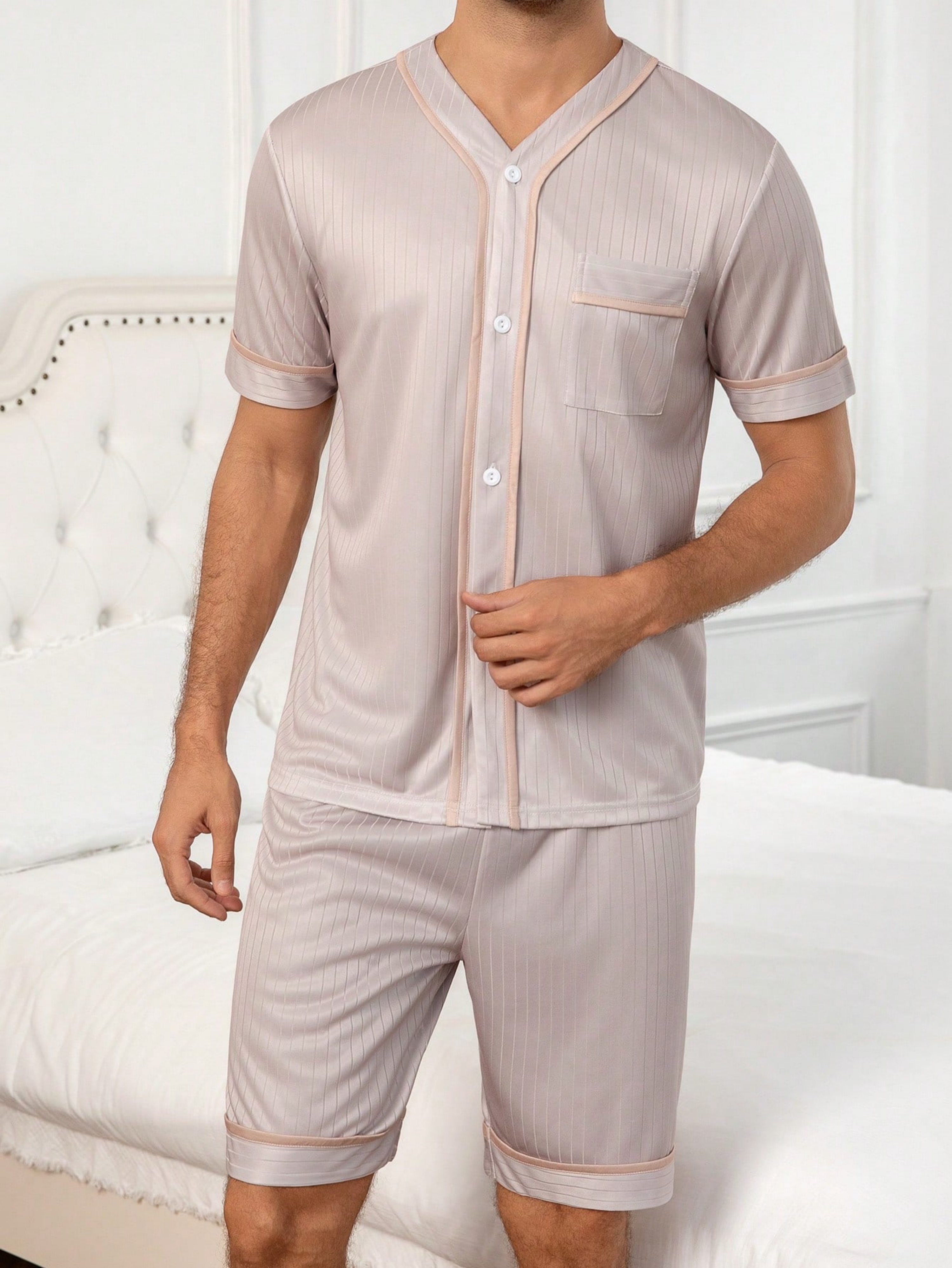 Men Lilac Striped Short Pyjama Set