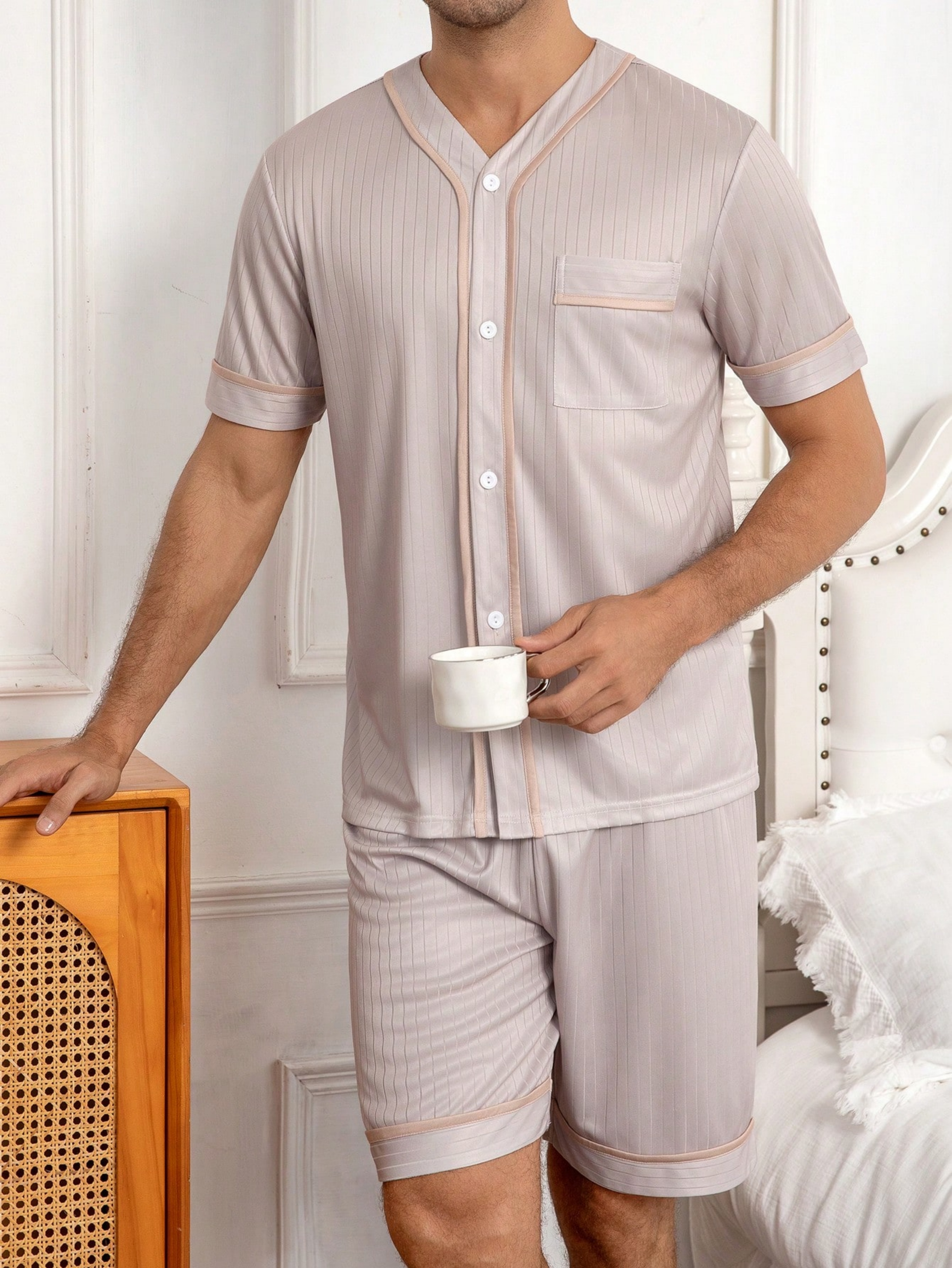 Men Lilac Striped Short Pyjama Set