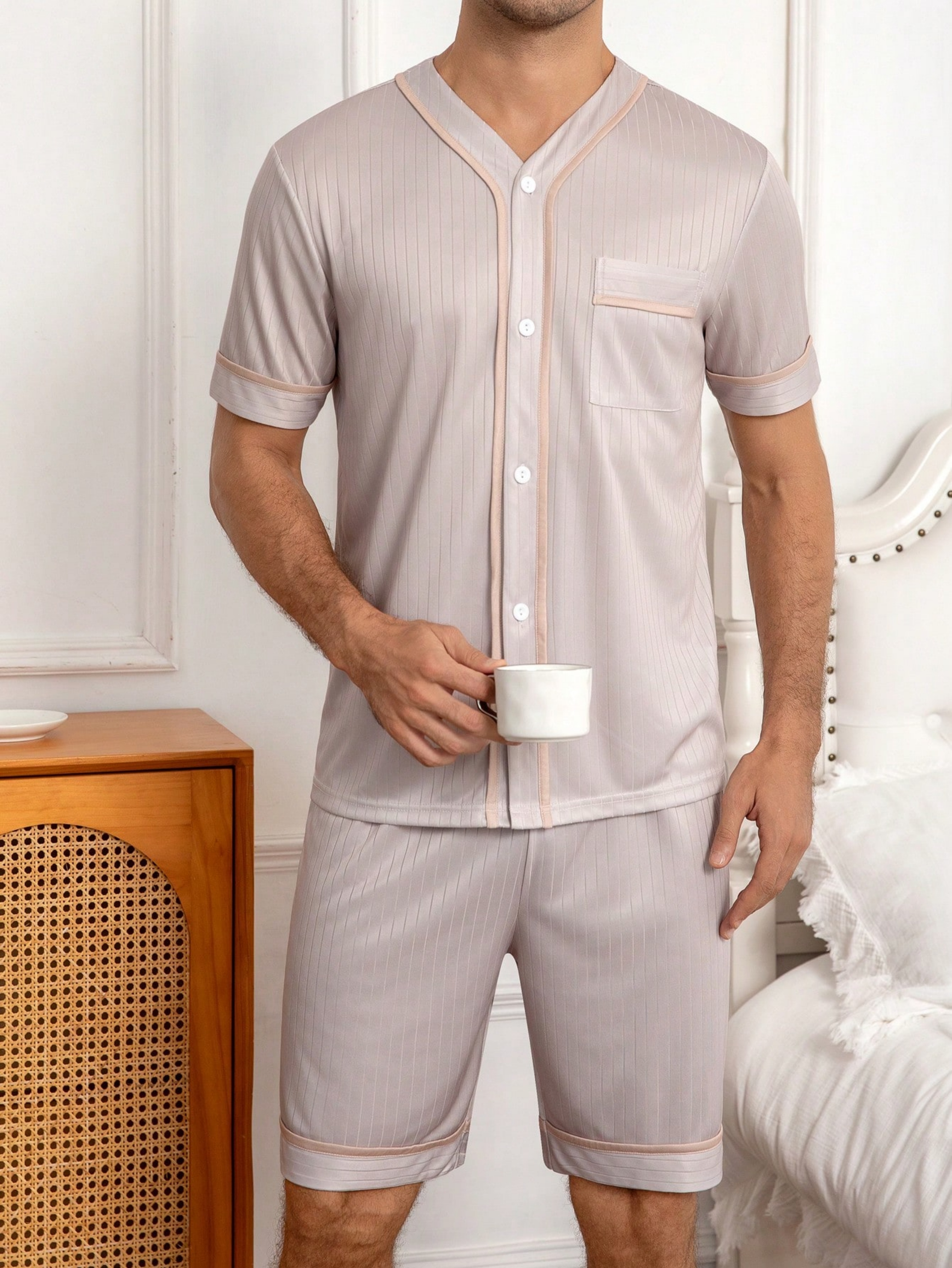Men Lilac Striped Short Pyjama Set