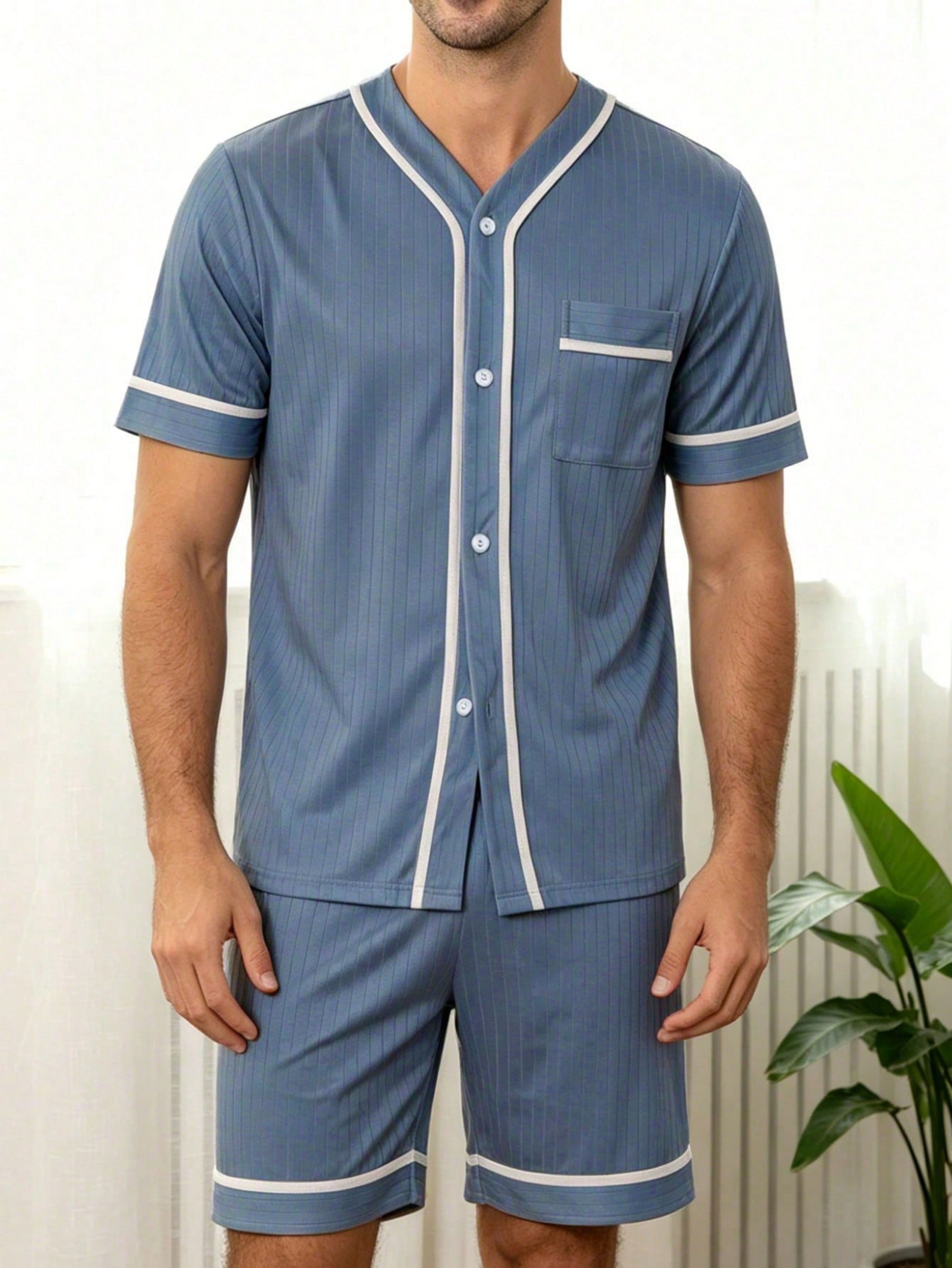 Men Blue Pinstripe Pyjama Set with Short Sleeve T-Shirt and Shorts