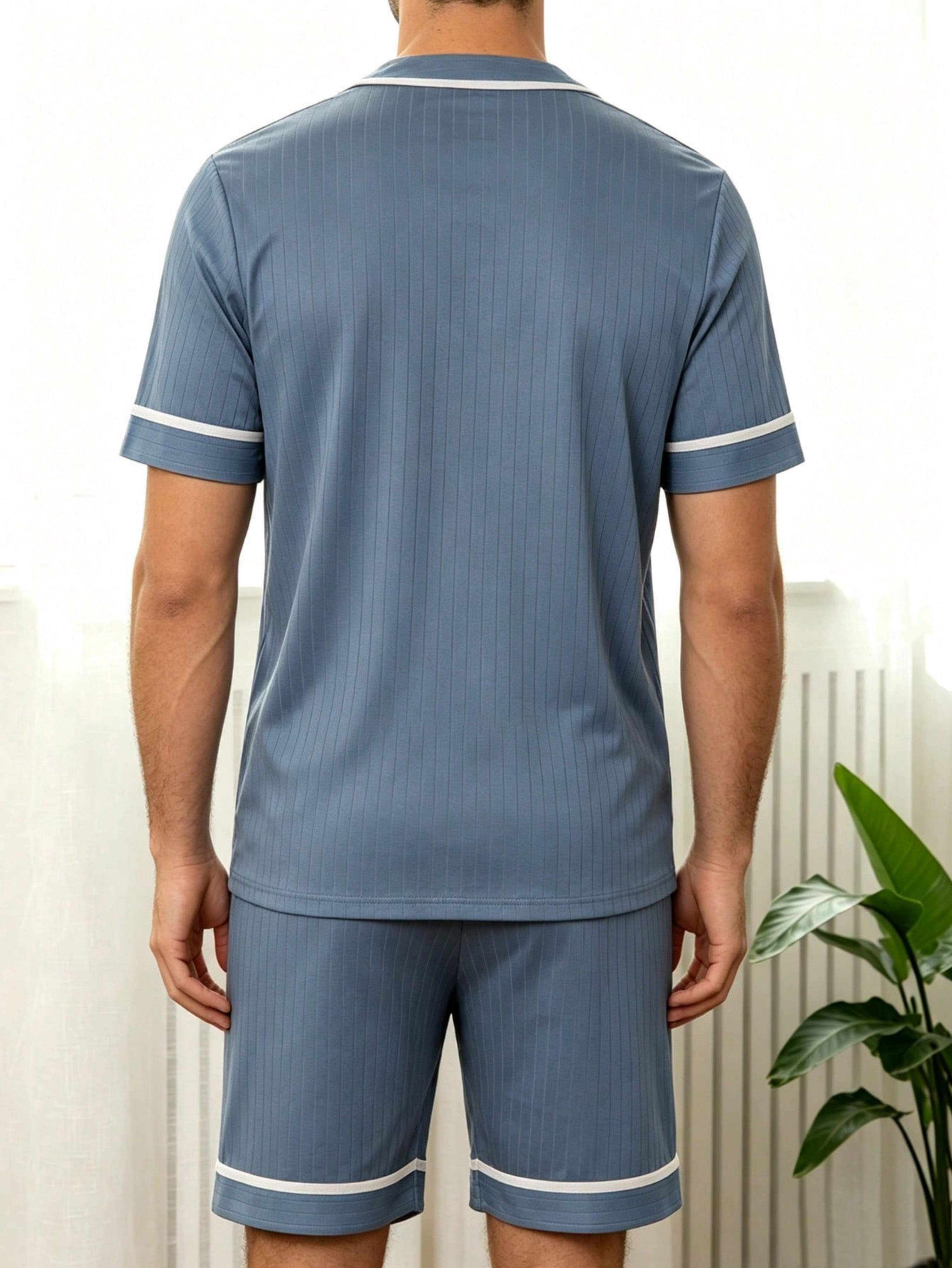Men Blue Pinstripe Pyjama Set with Short Sleeve T-Shirt and Shorts