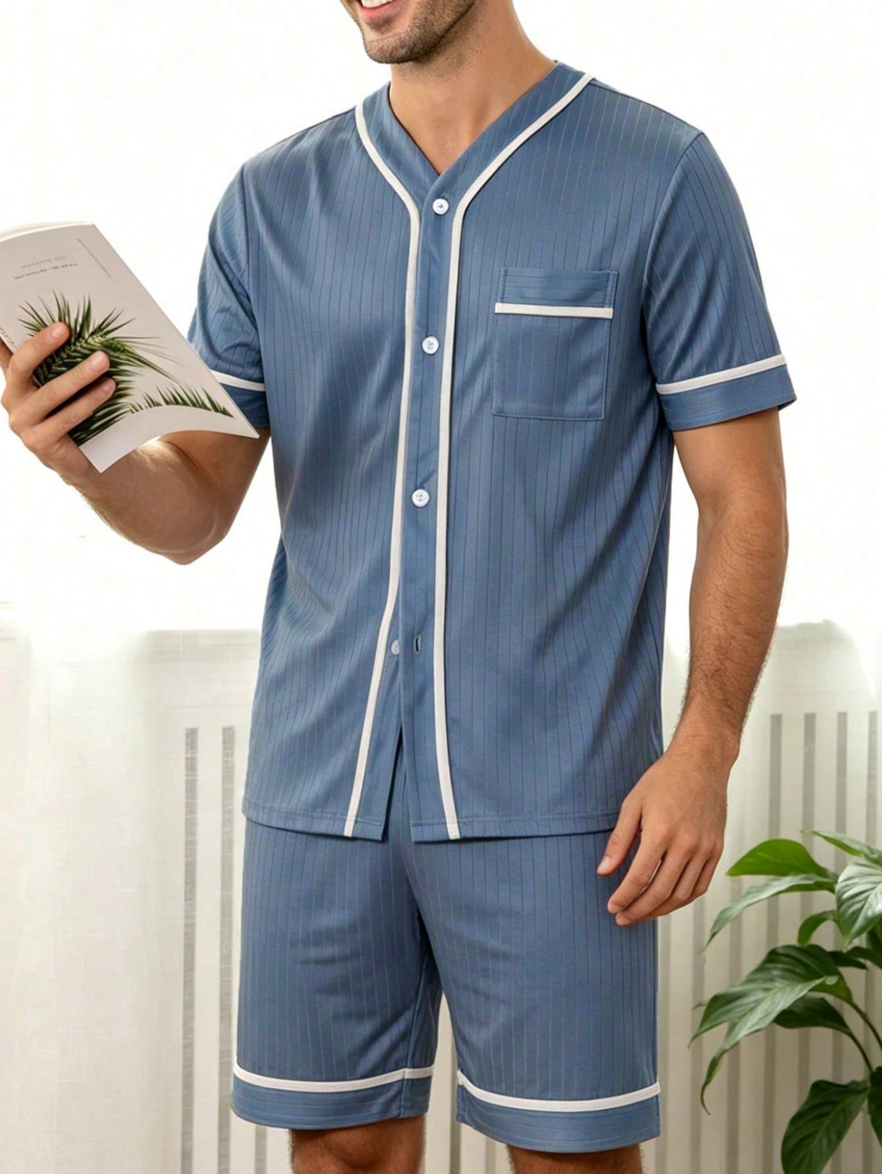 Men Blue Pinstripe Pyjama Set with Short Sleeve T-Shirt and Shorts