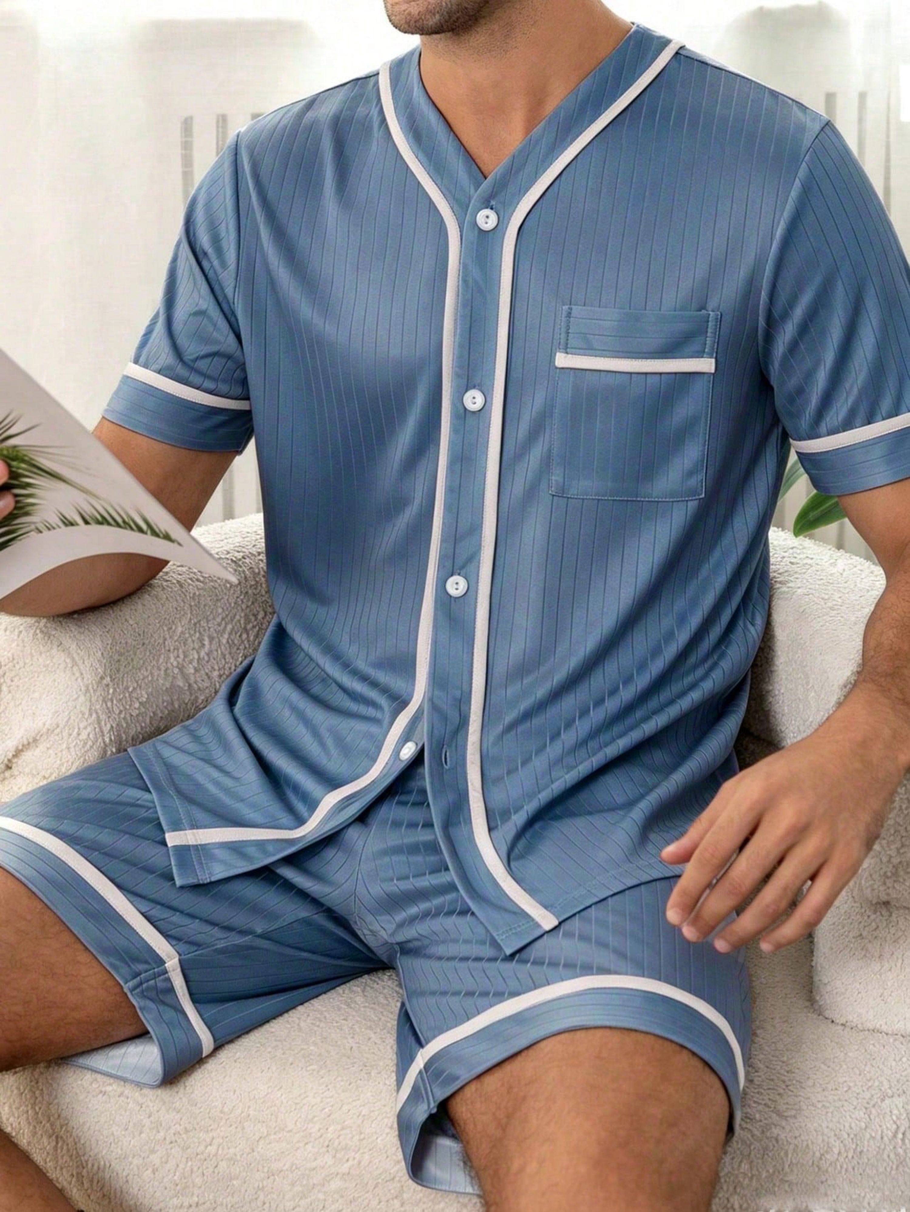 Men Blue Pinstripe Pyjama Set with Short Sleeve T-Shirt and Shorts