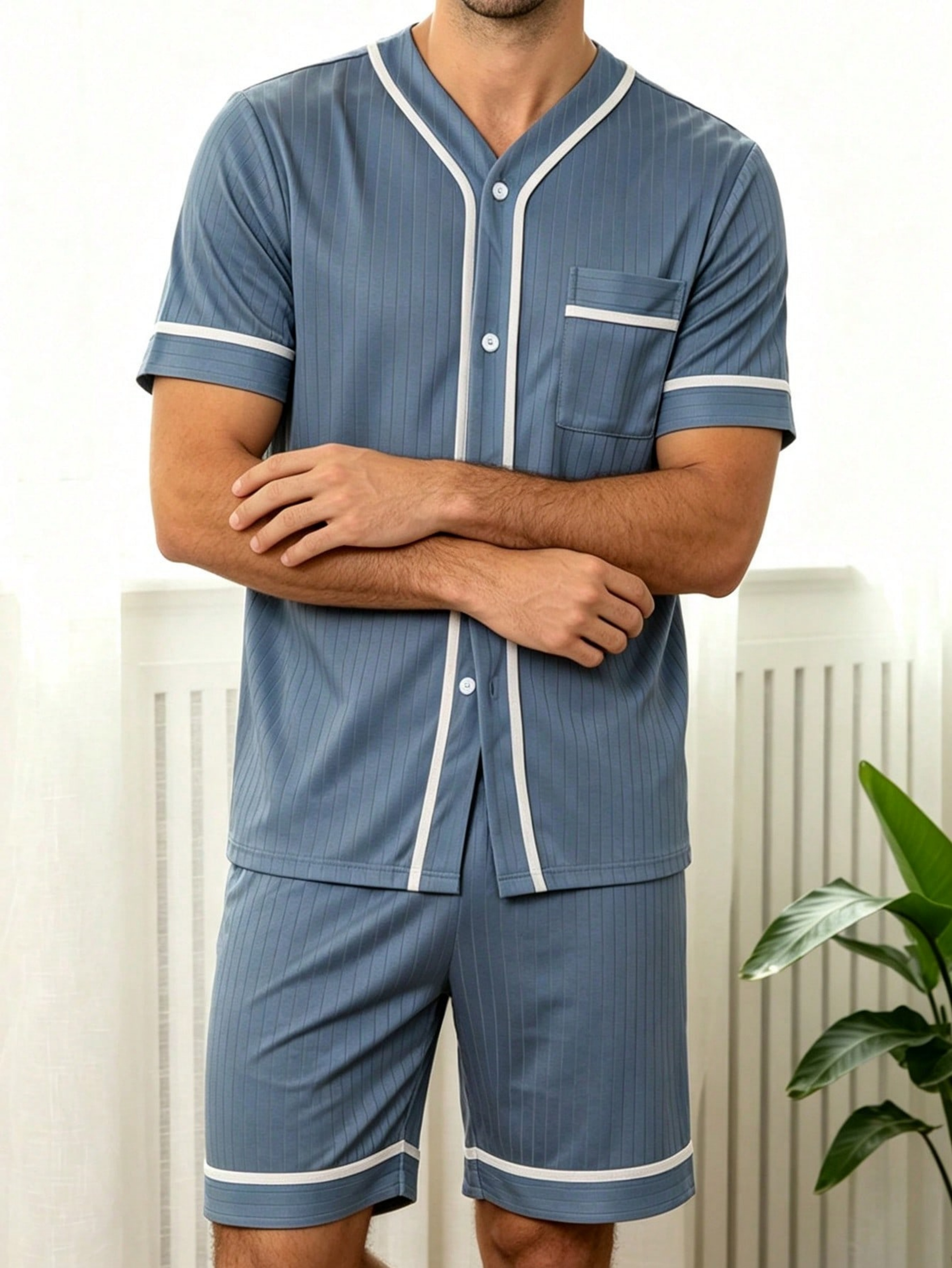 Men Blue Pinstripe Pyjama Set with Short Sleeve T-Shirt and Shorts