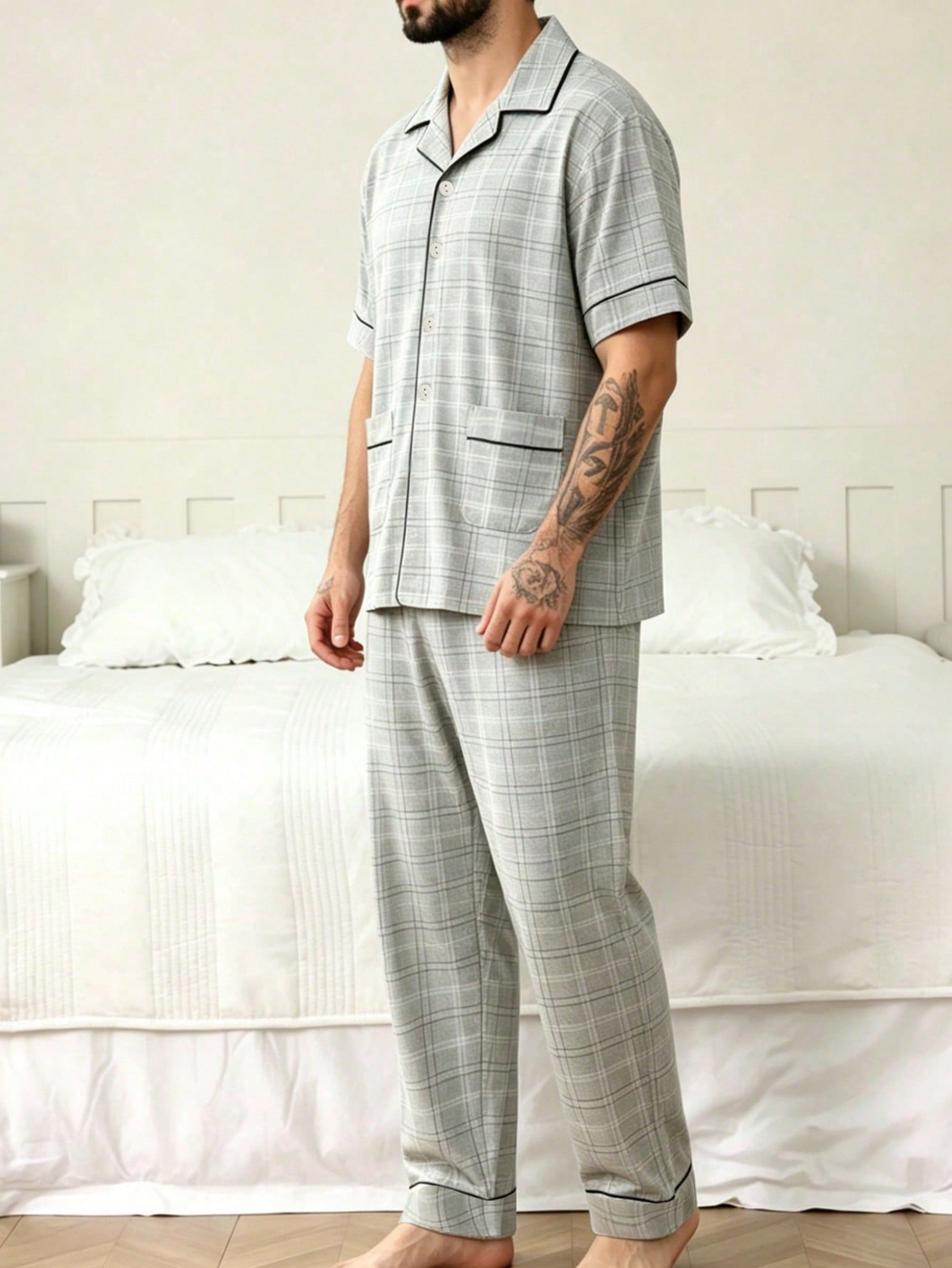 Men Grey Plaid Short-Sleeve Pyjama Set