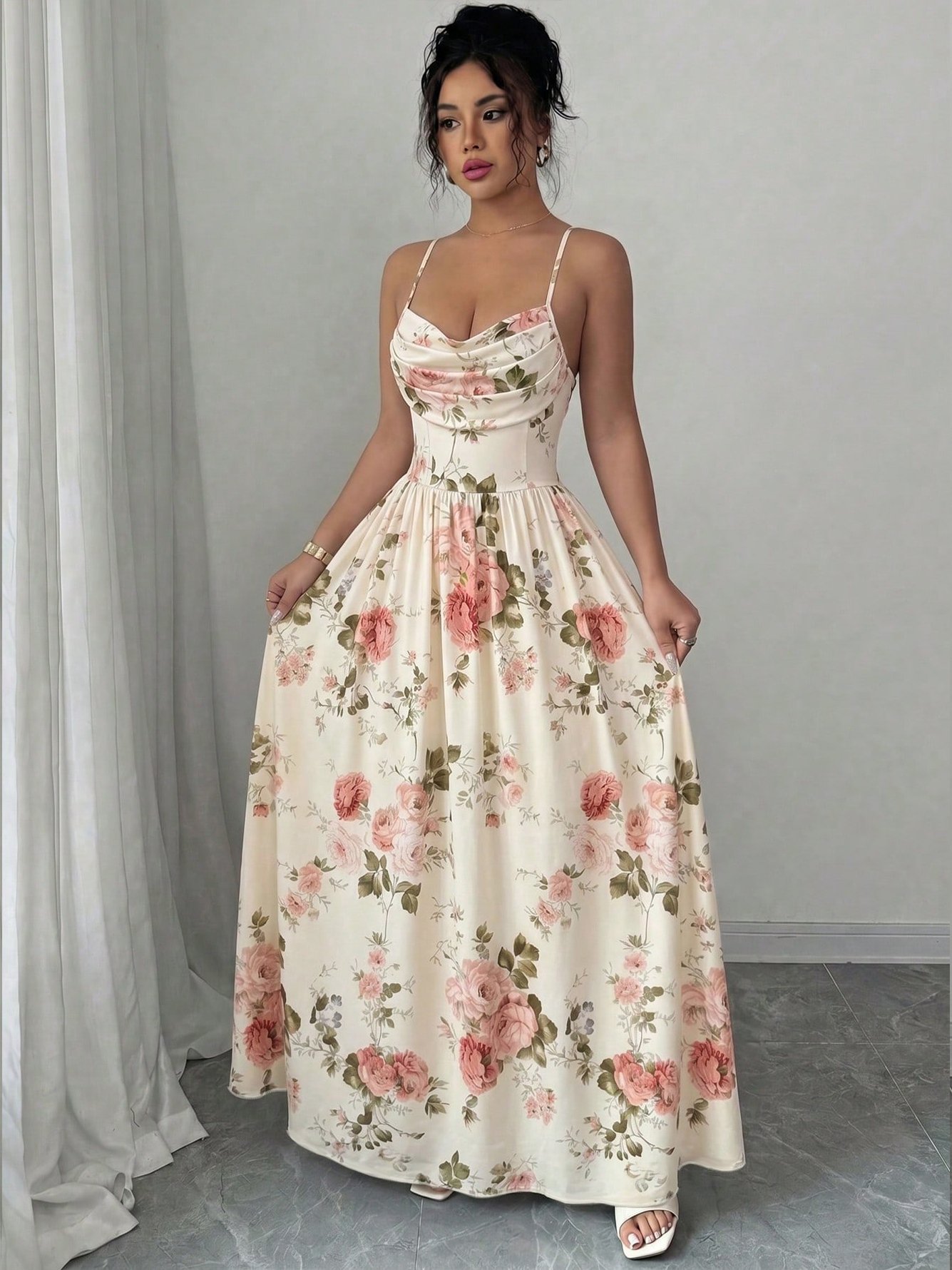 Off-White Floral Sleeveless A-Line Maxi Dress