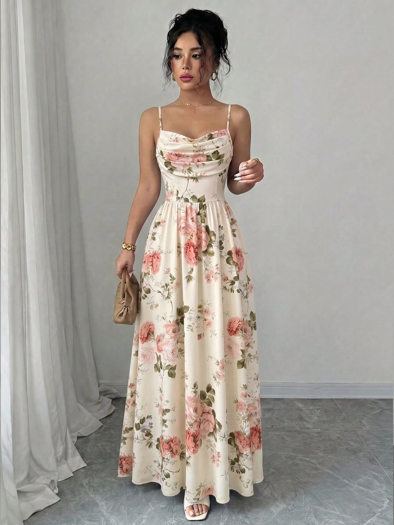 Off-White Floral Sleeveless A-Line Maxi Dress