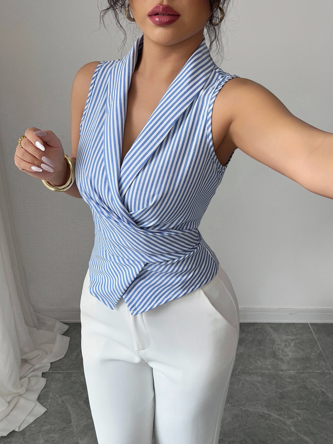 Blue and White Stripe Sleeveless Top