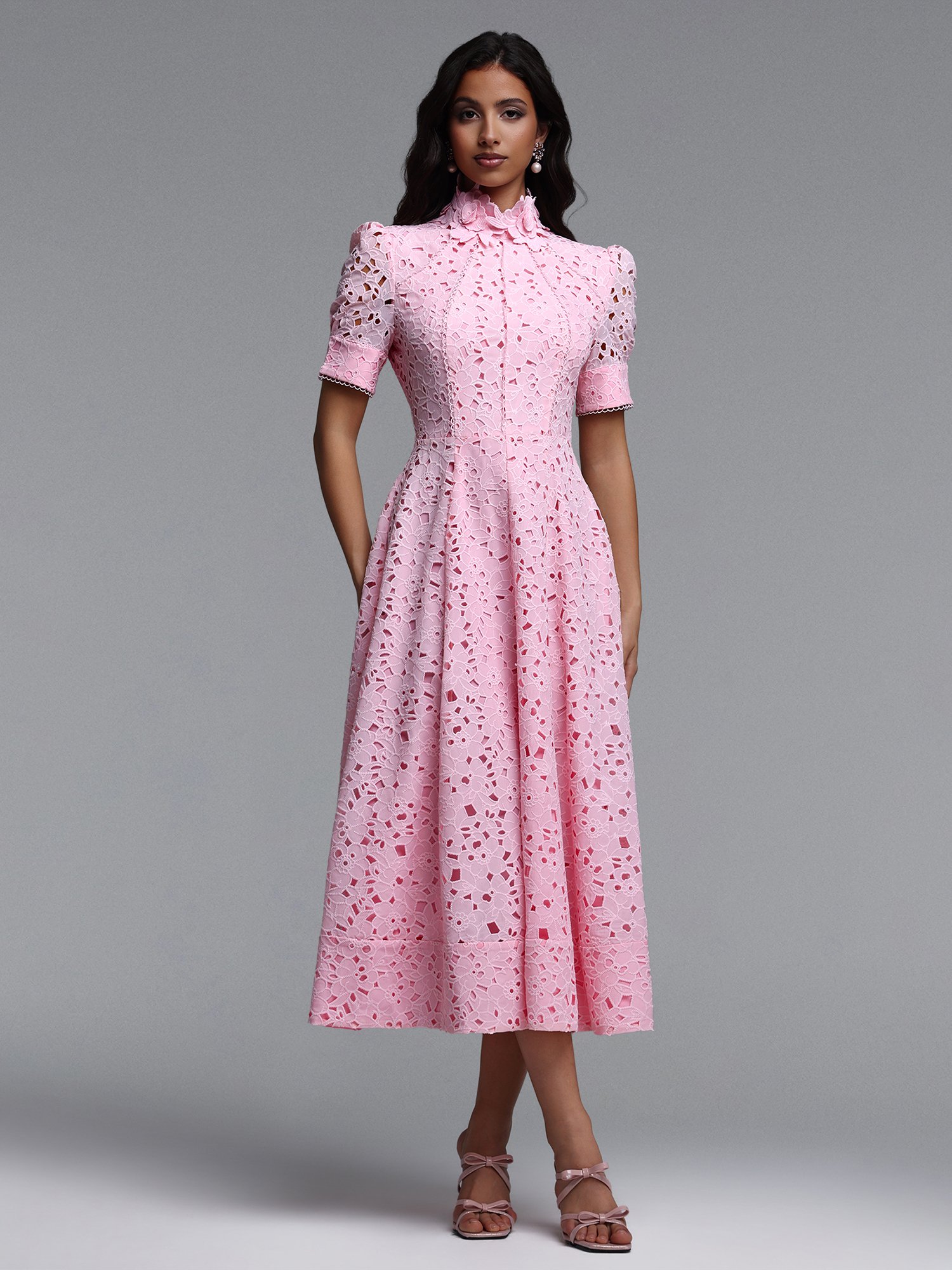 Pink Lace A-Line Midi Dress with Short Sleeves
