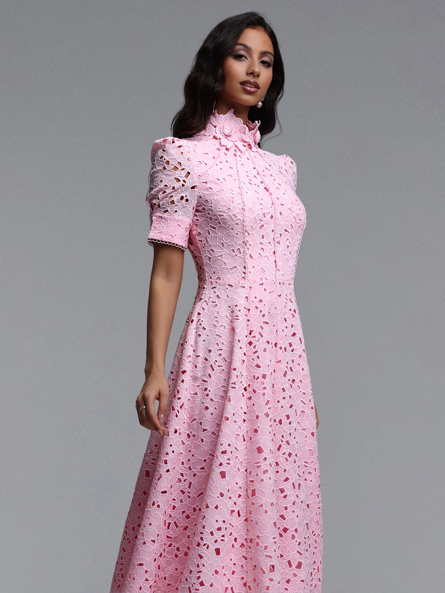 Pink Lace A-Line Midi Dress with Short Sleeves