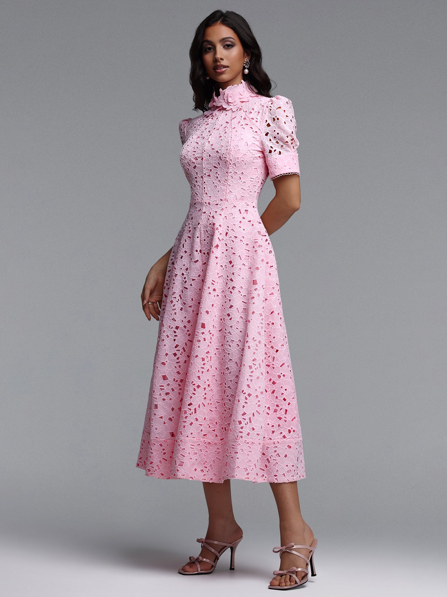 Pink Lace A-Line Midi Dress with Short Sleeves