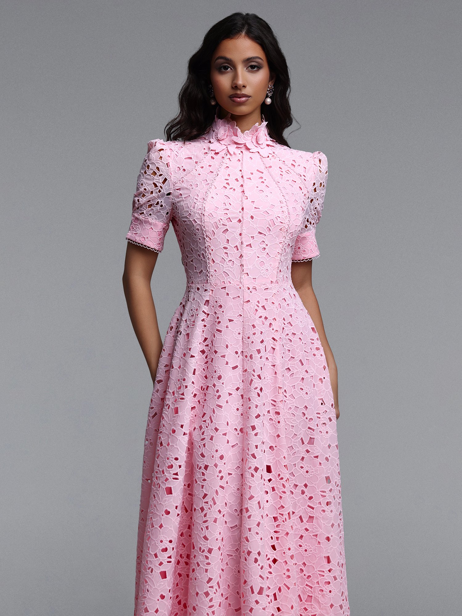 Pink Lace A-Line Midi Dress with Short Sleeves
