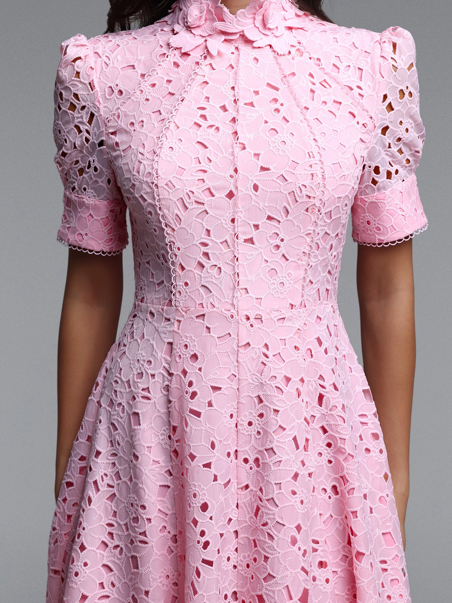 Pink Lace A-Line Midi Dress with Short Sleeves