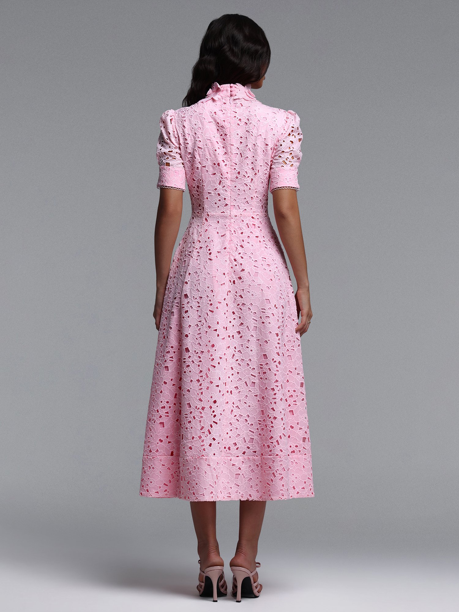 Pink Lace A-Line Midi Dress with Short Sleeves