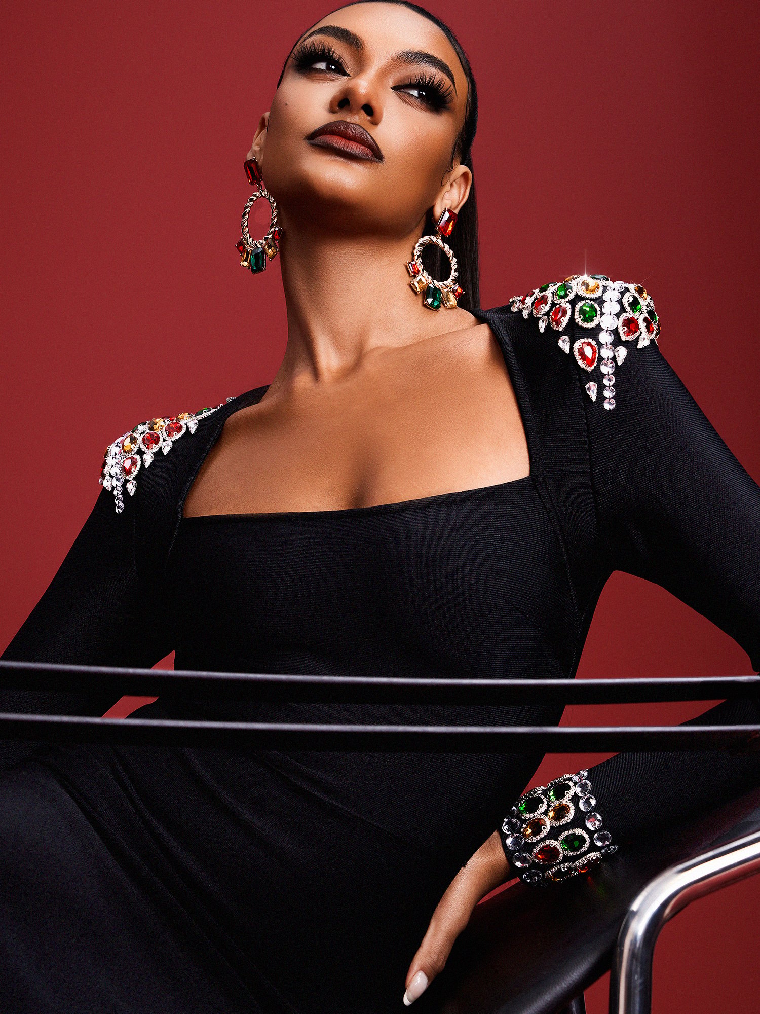 Black Embellished Long Sleeve Sheath Maxi Dress