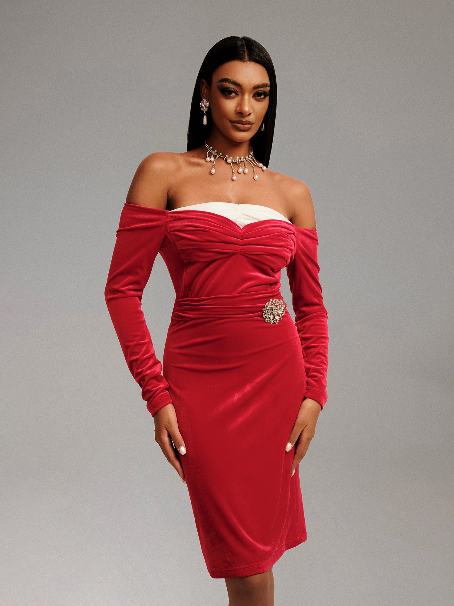 Red Velvet Off-Shoulder Sheath Dress with Long Sleeves
