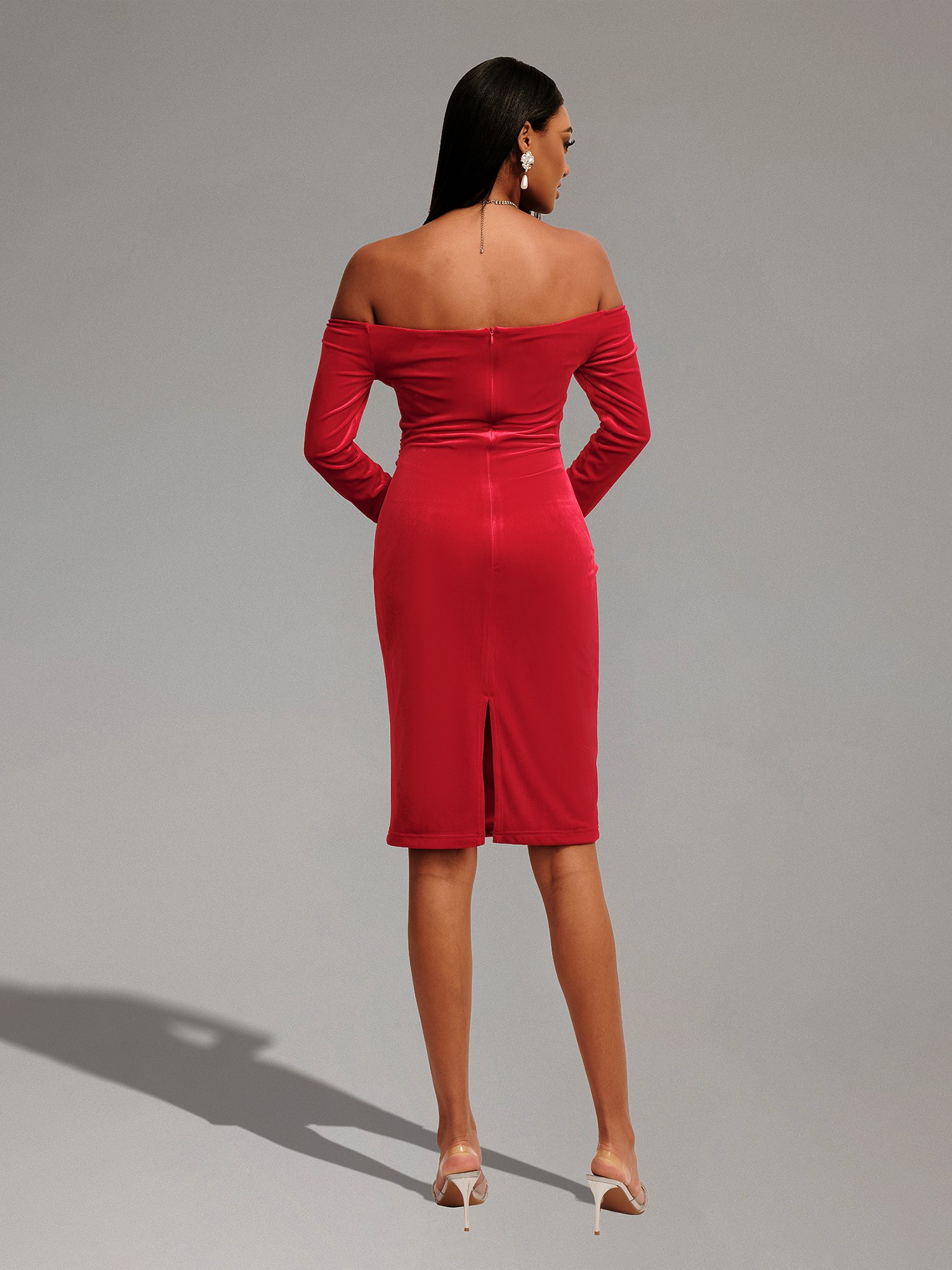 Red Velvet Off-Shoulder Sheath Dress with Long Sleeves