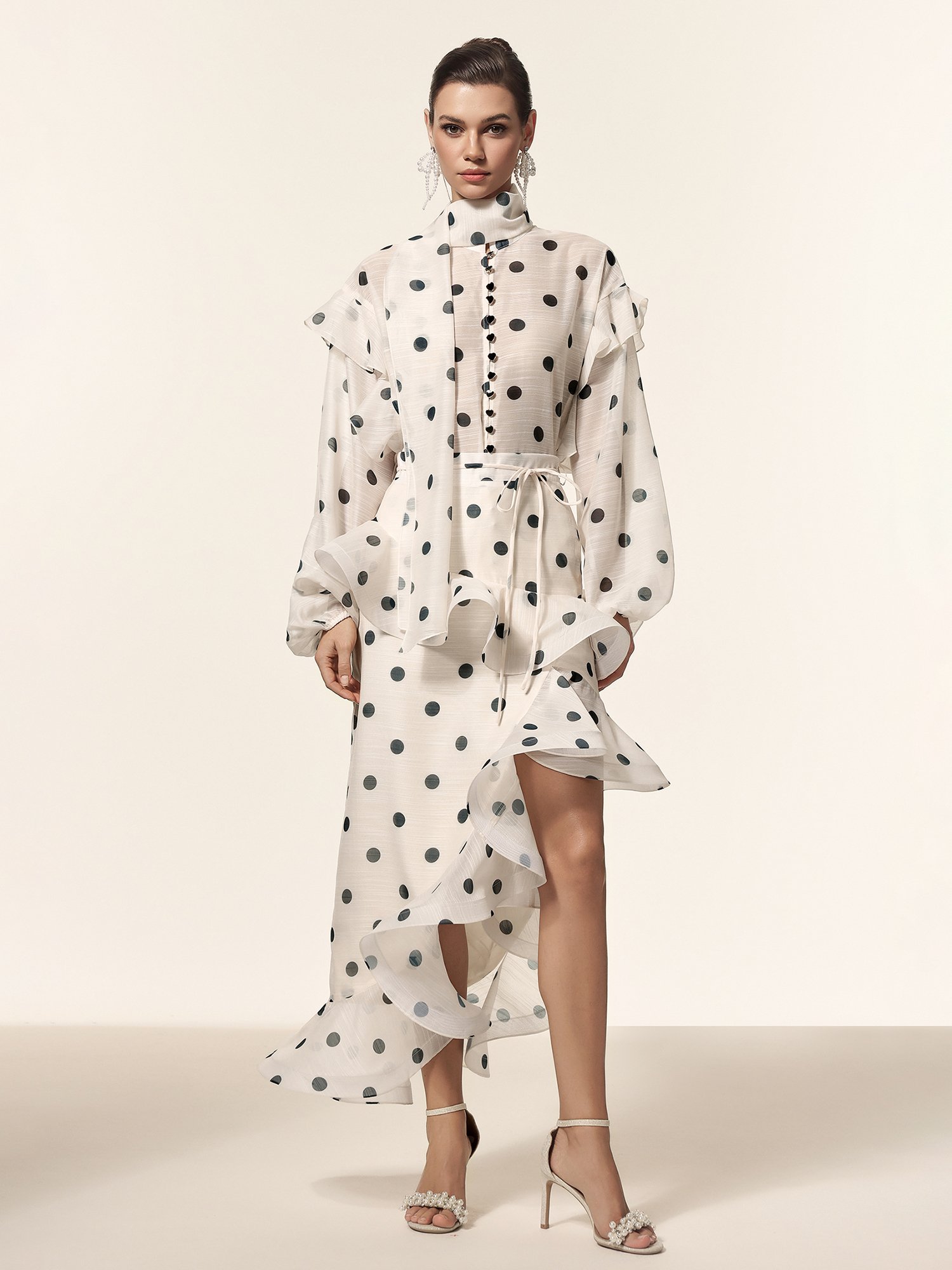 Off-White Polka Dot Midi A-Line Dress with Long Sleeves