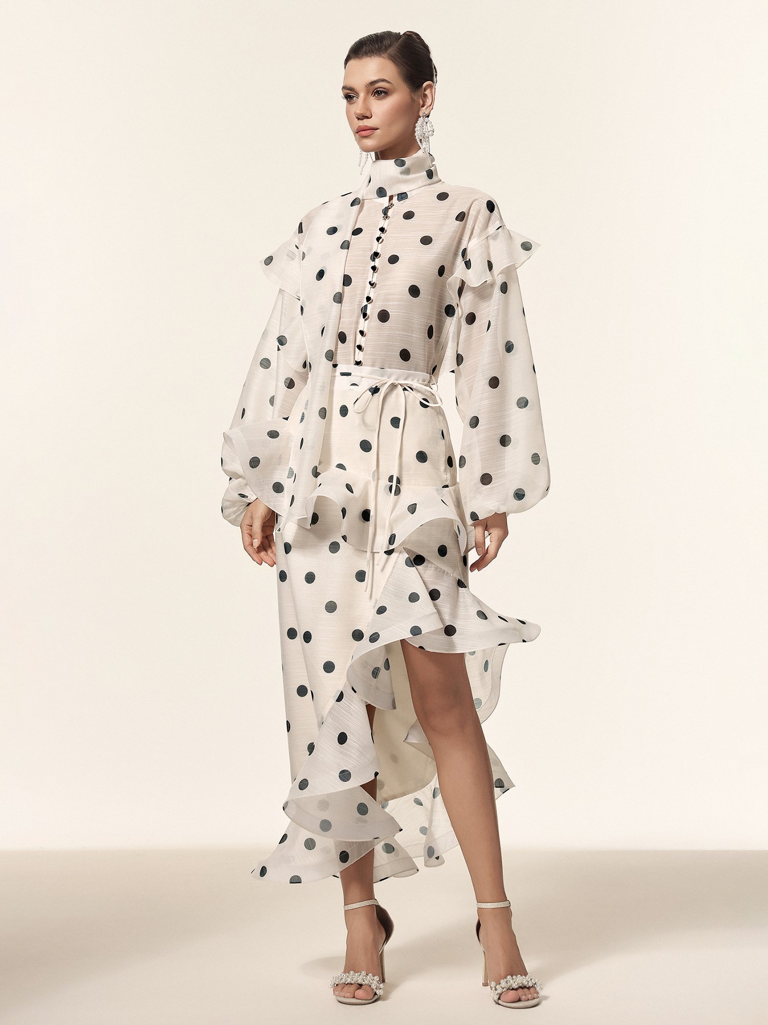 Off-White Polka Dot Midi A-Line Dress with Long Sleeves