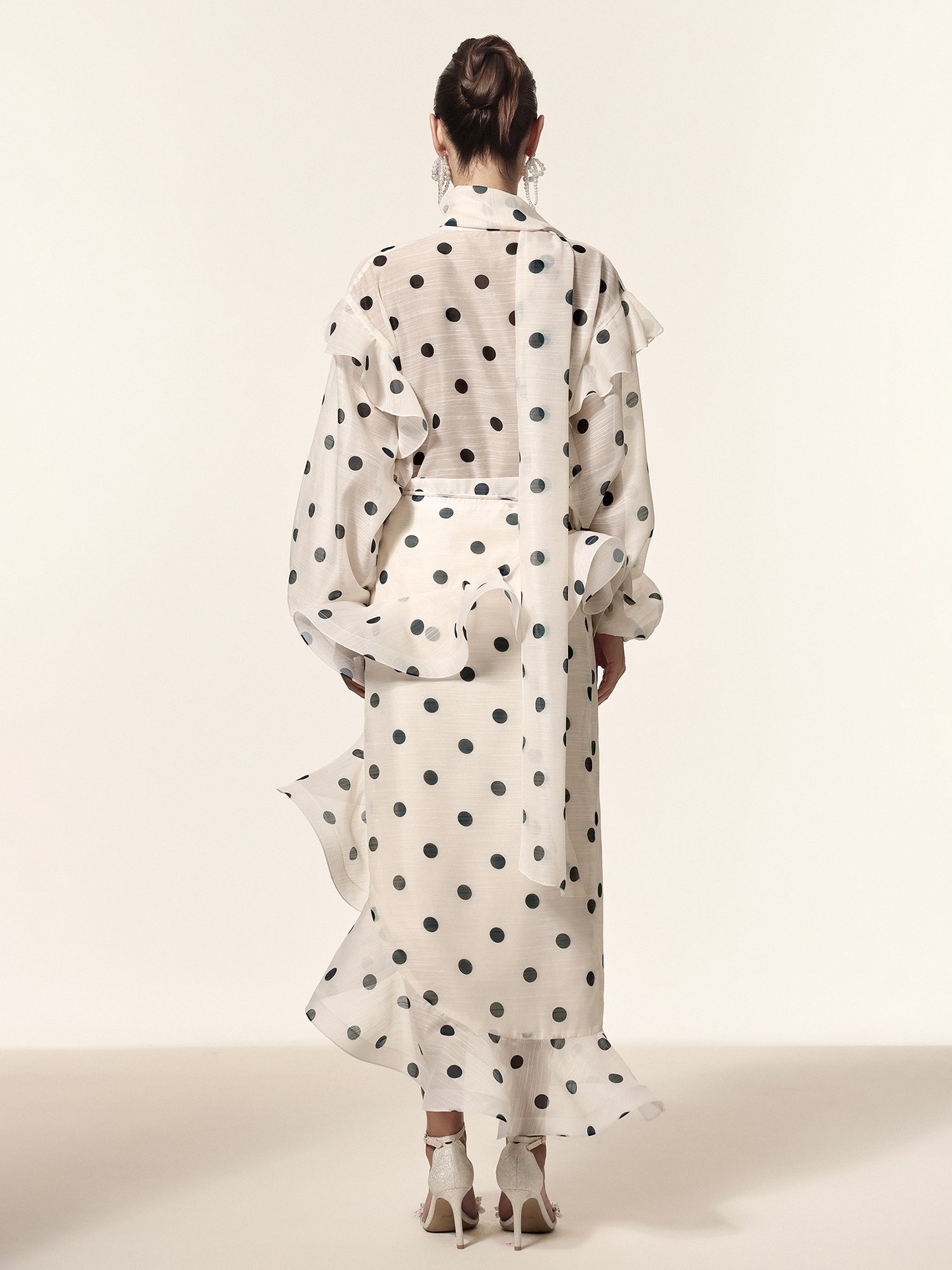 Off-White Polka Dot Midi A-Line Dress with Long Sleeves