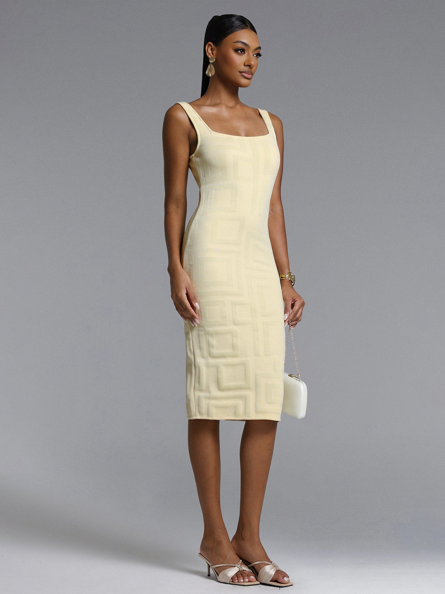 Yellow Textured Sleeveless Midi Sheath Dress