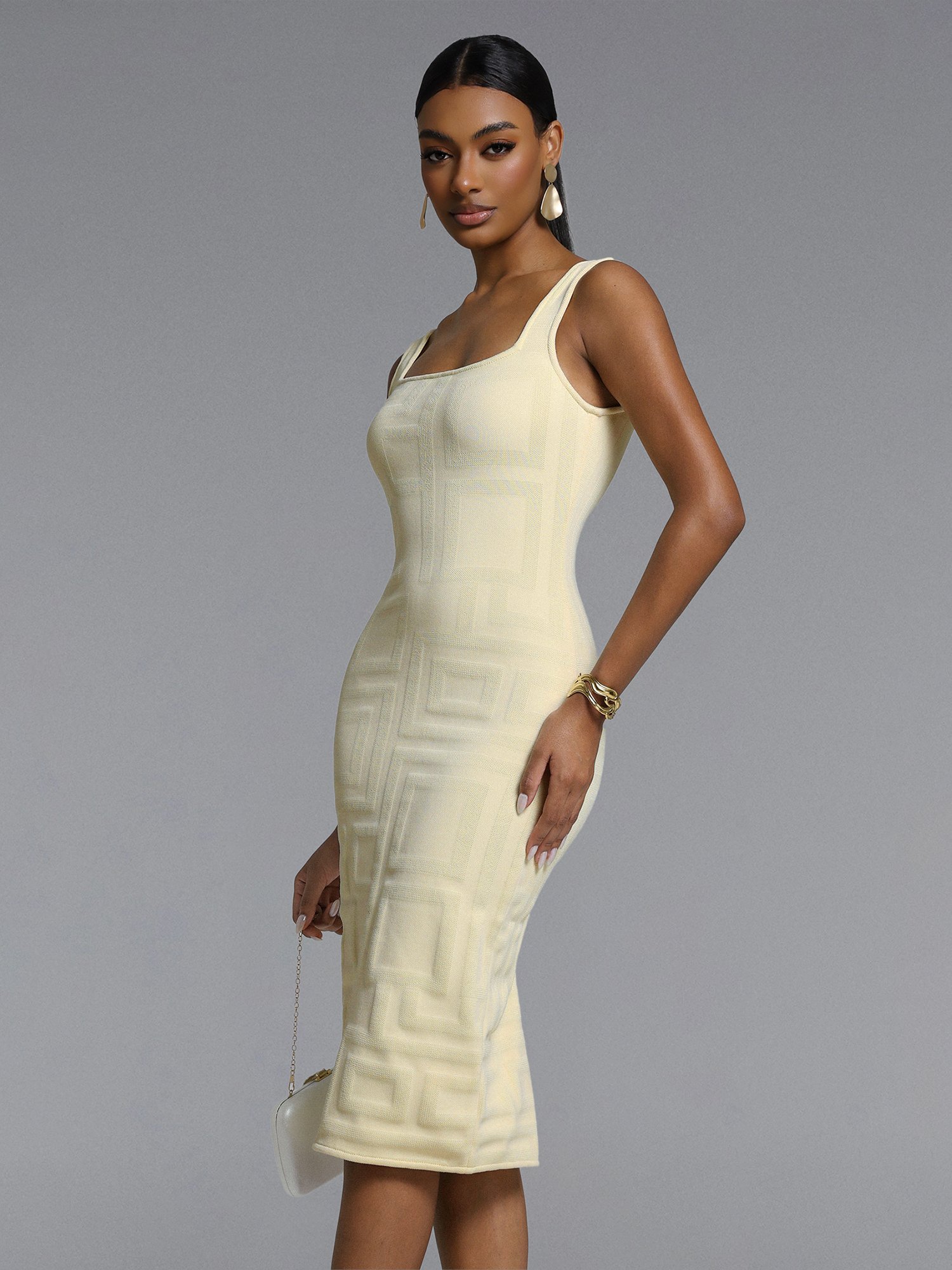 Yellow Textured Sleeveless Midi Sheath Dress