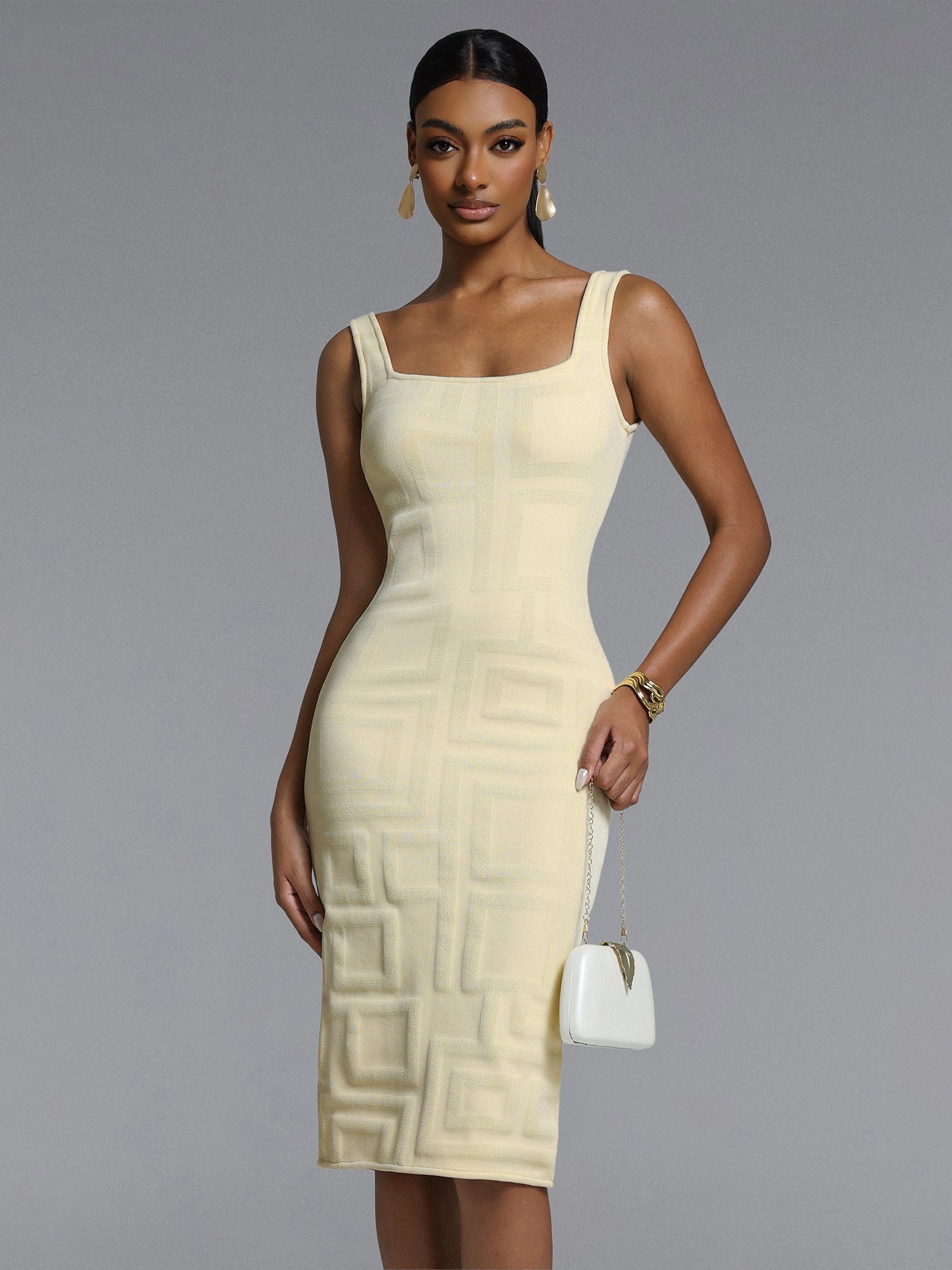 Yellow Textured Sleeveless Midi Sheath Dress
