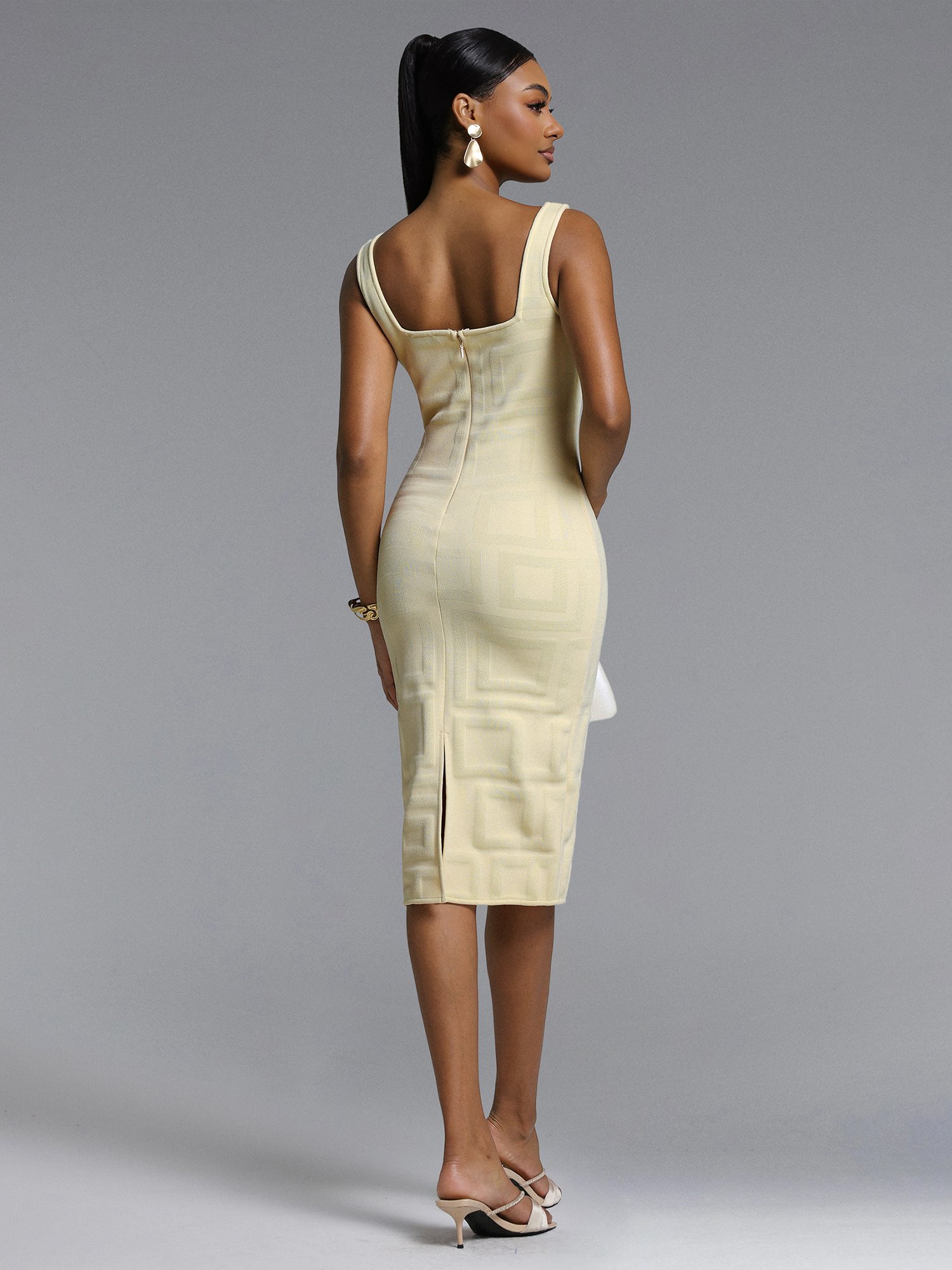 Yellow Textured Sleeveless Midi Sheath Dress