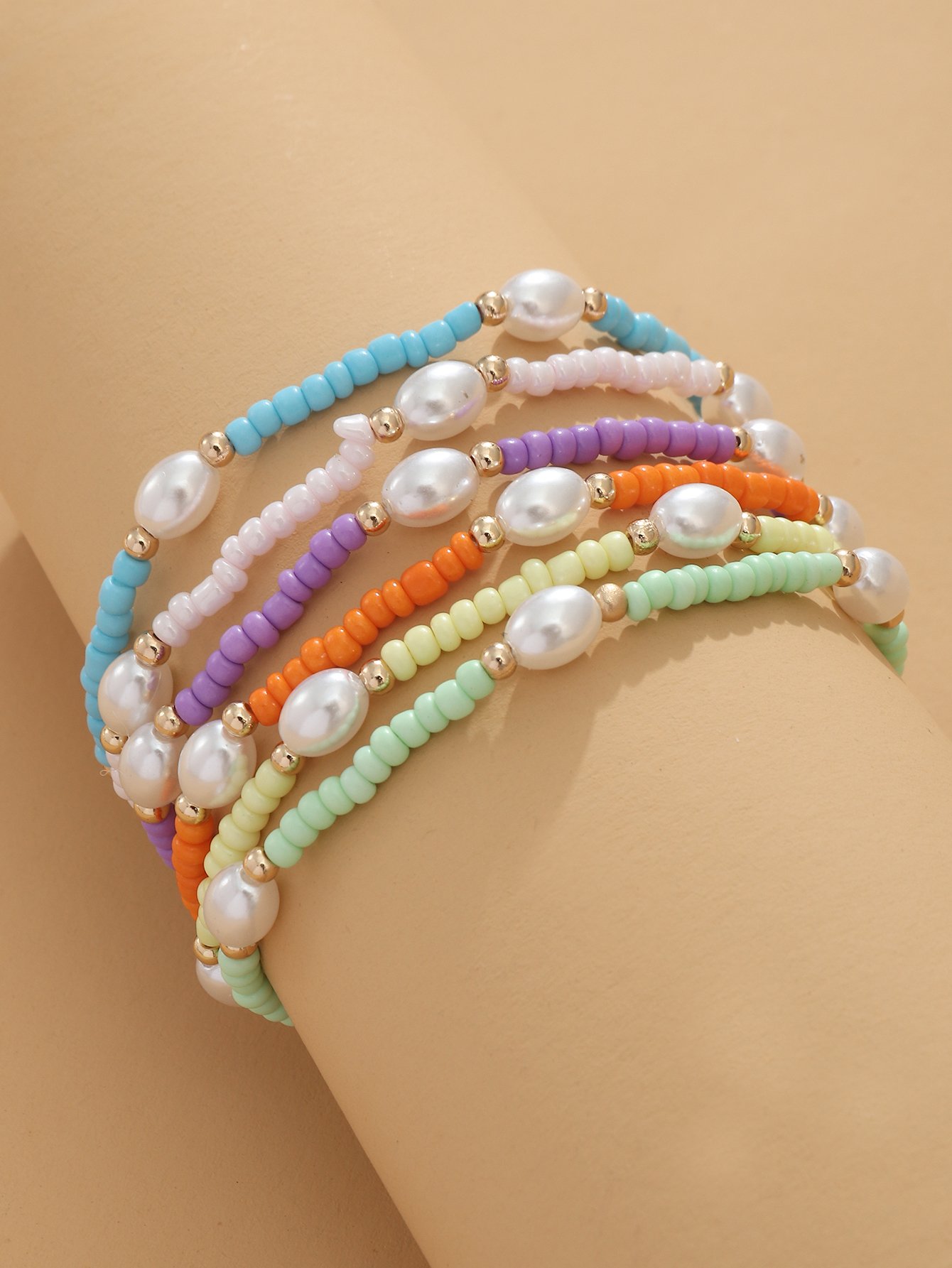 6-Piece Colorful Beaded and Faux Pearl Bracelet Set