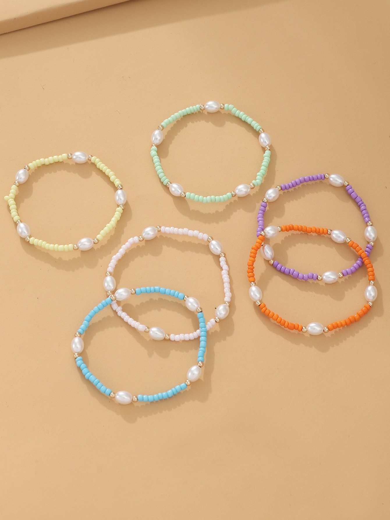 6-Piece Colorful Beaded and Faux Pearl Bracelet Set